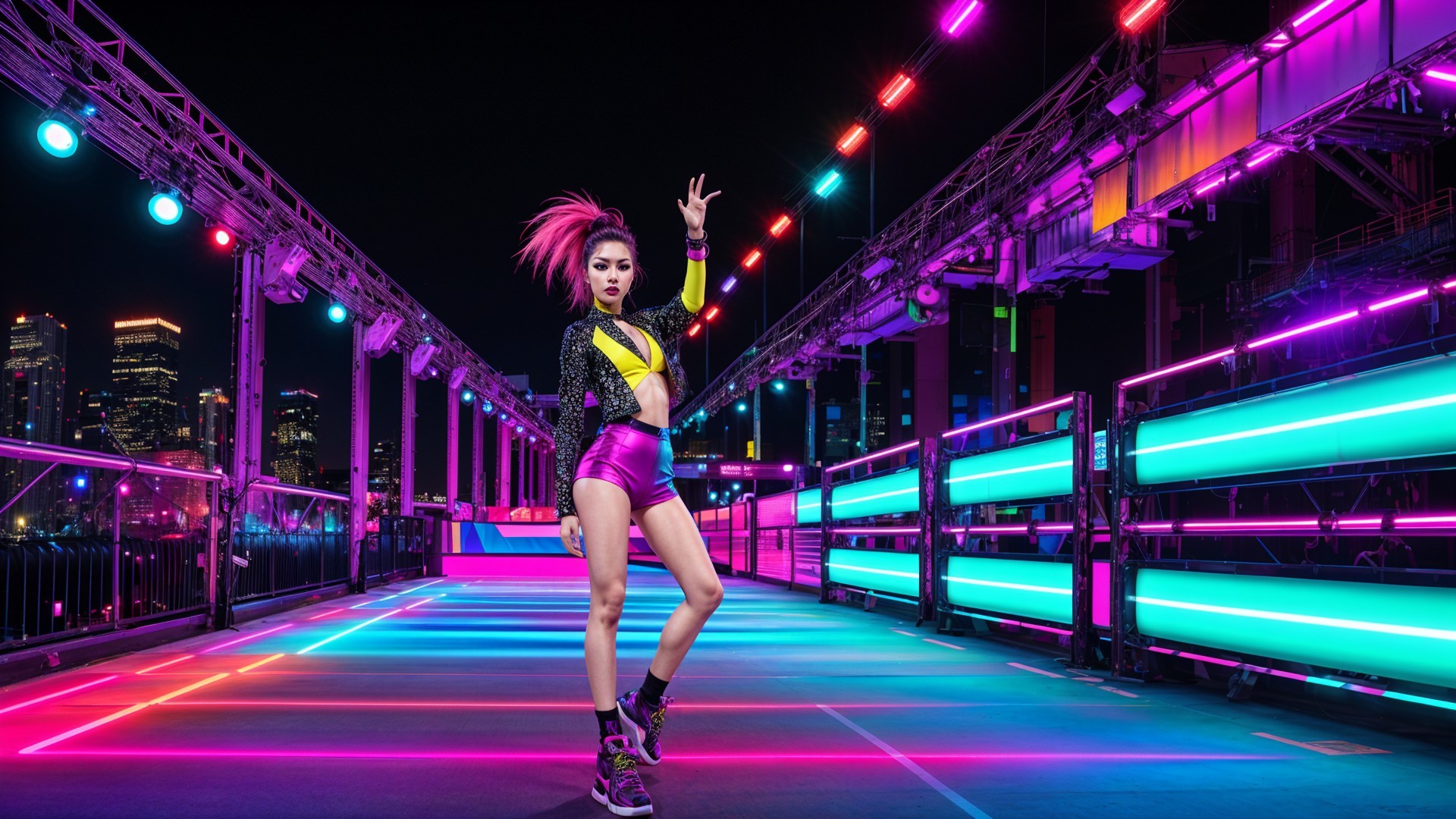Dynamic Dancer on Neon-Lit Urban Stage