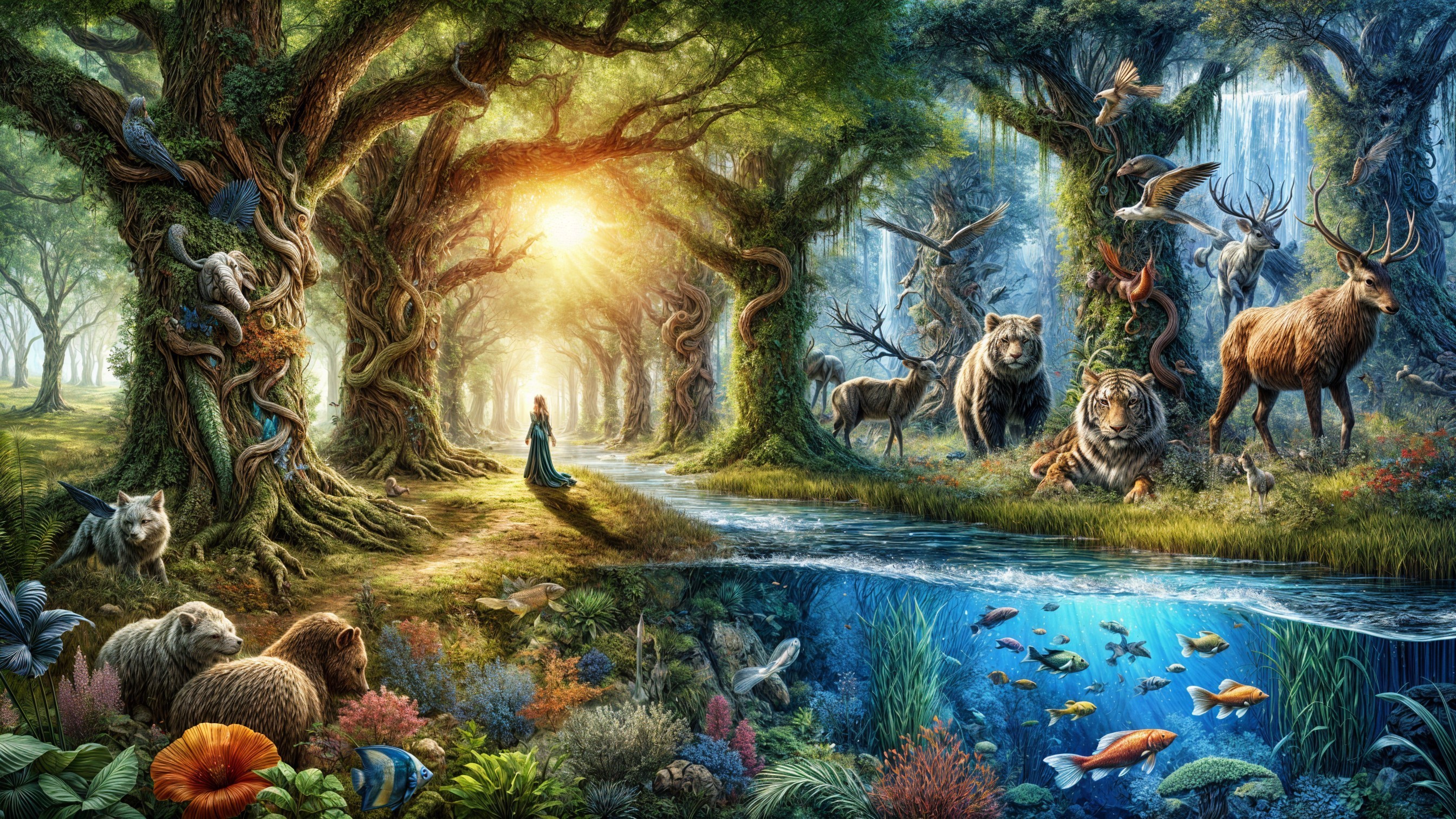 Fantastical forest scene with diverse wildlife and river
