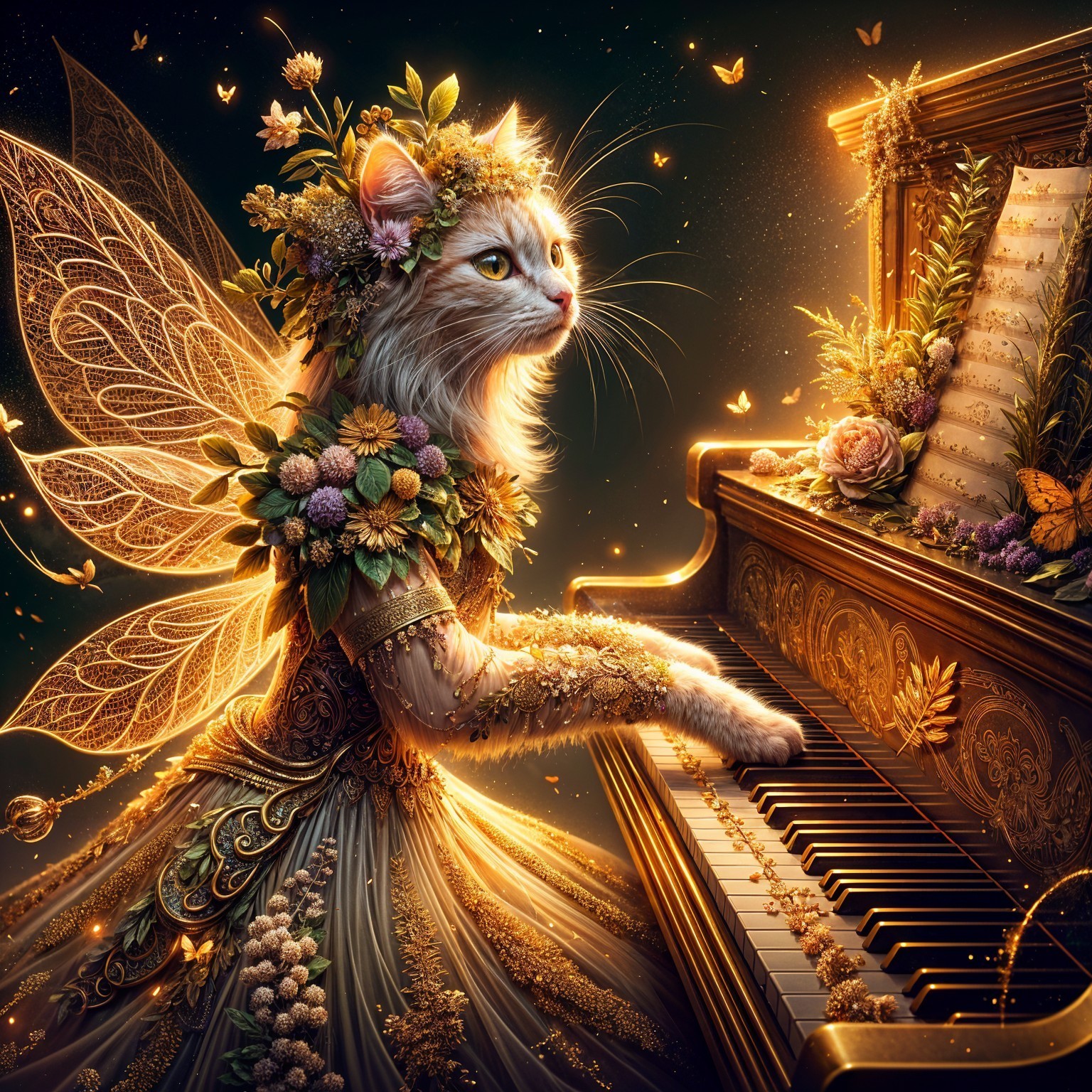 Majestic Cat with Fairy Wings Playing Grand Piano