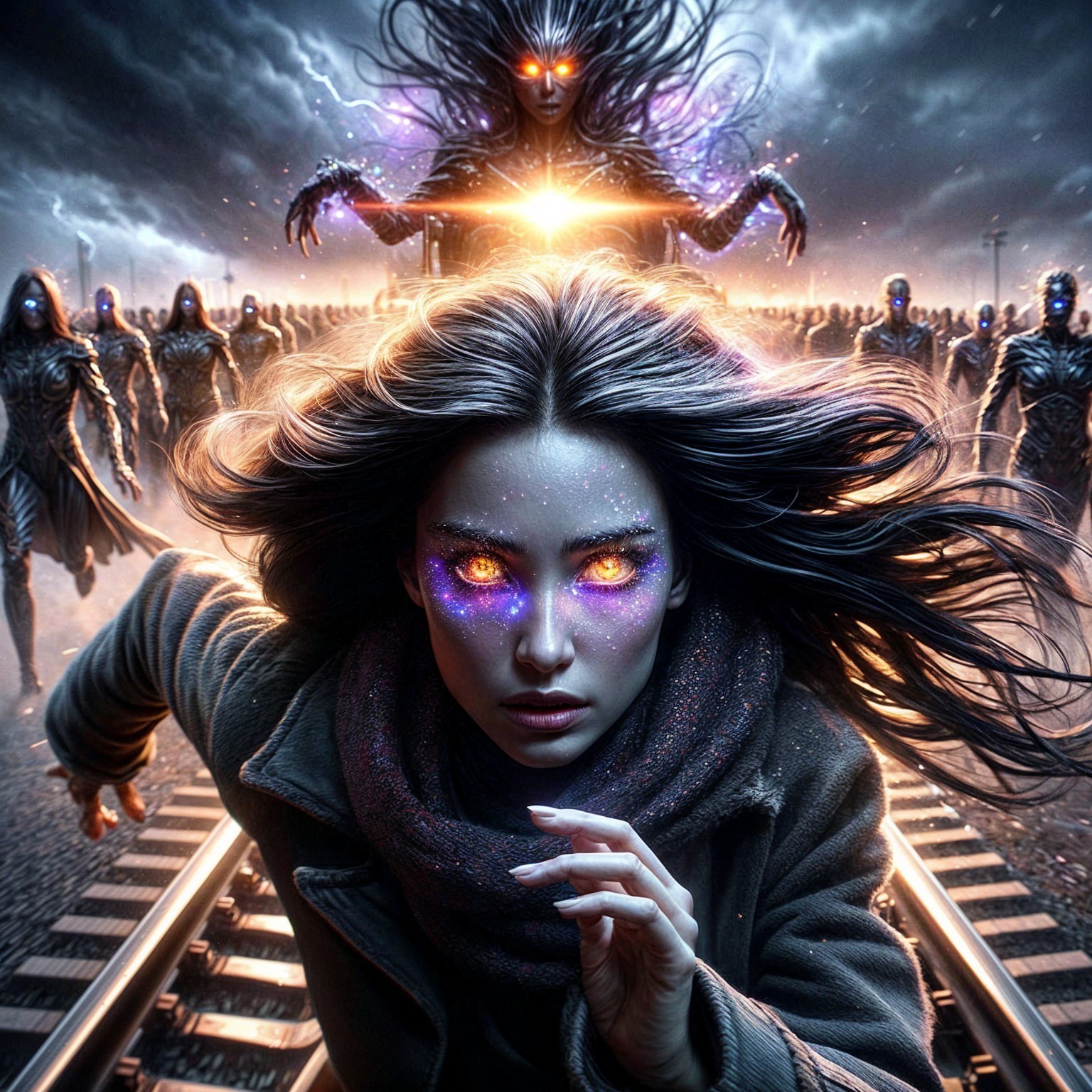 Young woman running on train tracks amid dark figures