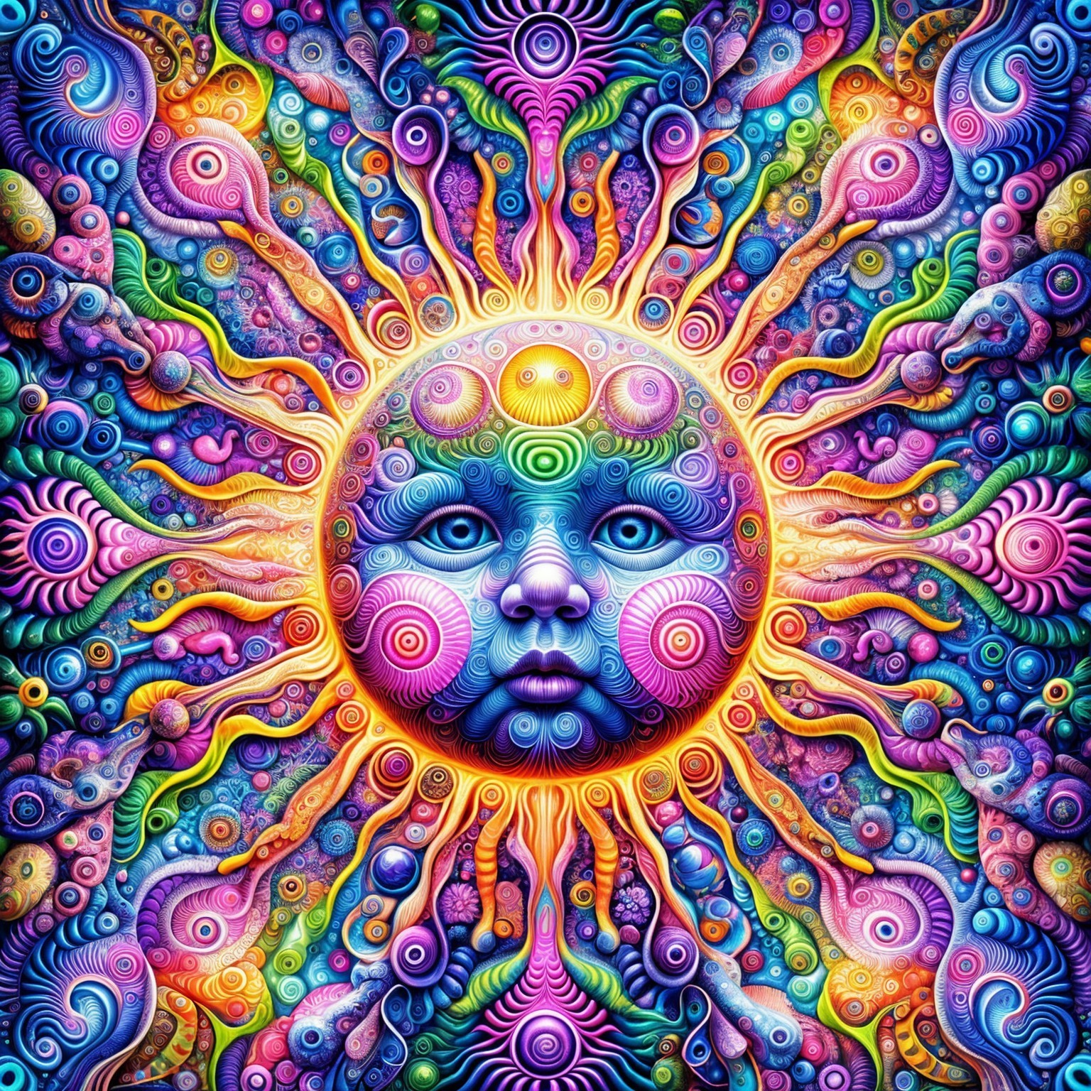 Psychedelic Artwork with Sun and Colorful Patterns