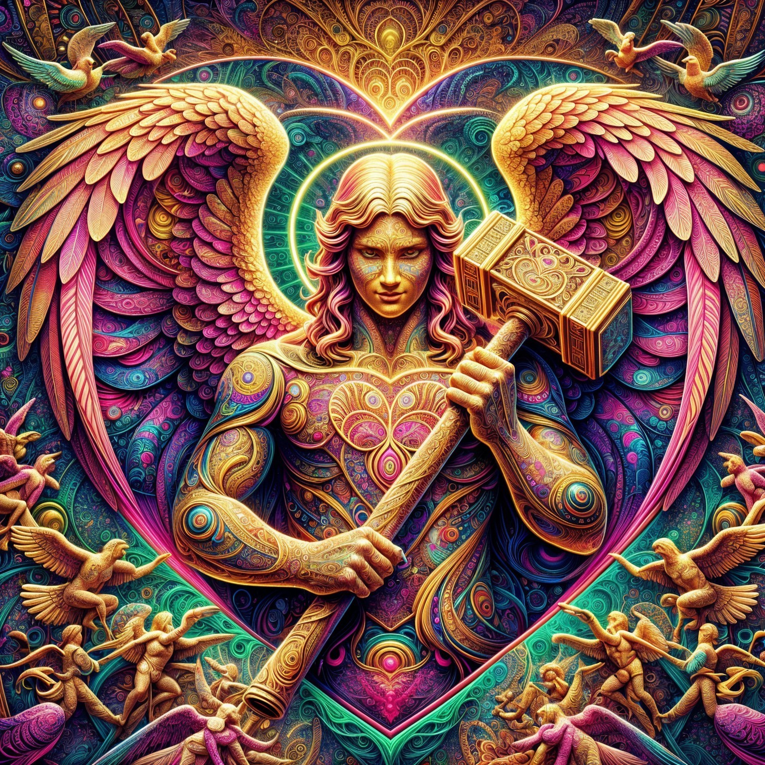 Intricately Designed Angel with Purple and Gold Wings