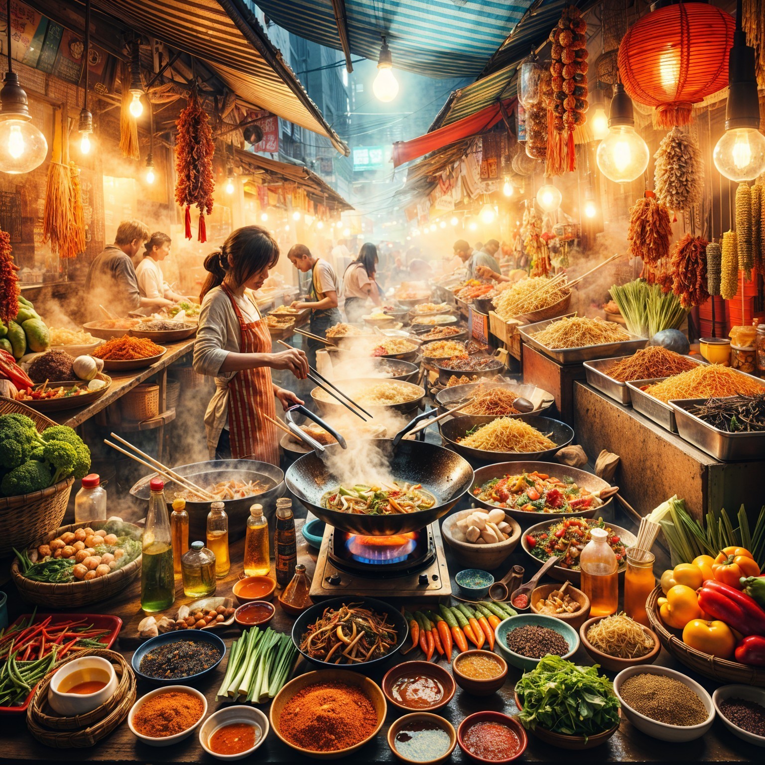 Vibrant Marketplace with Fresh Produce and Spices