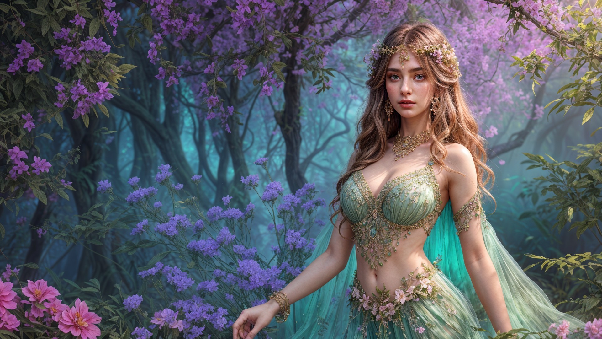 Graceful figure in lush forest with vibrant flowers