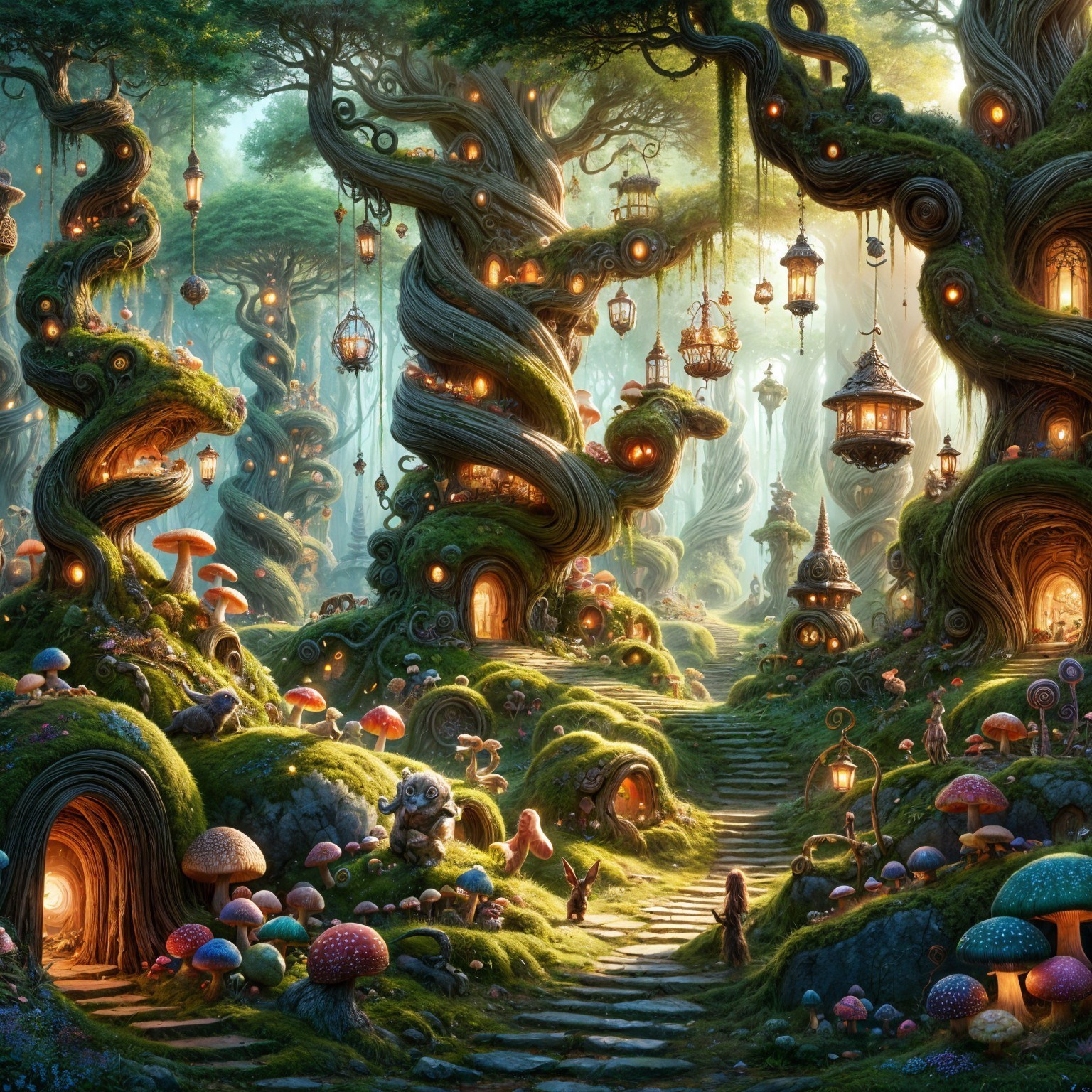Whimsical Forest Scene with Glowing Lanterns and Homes