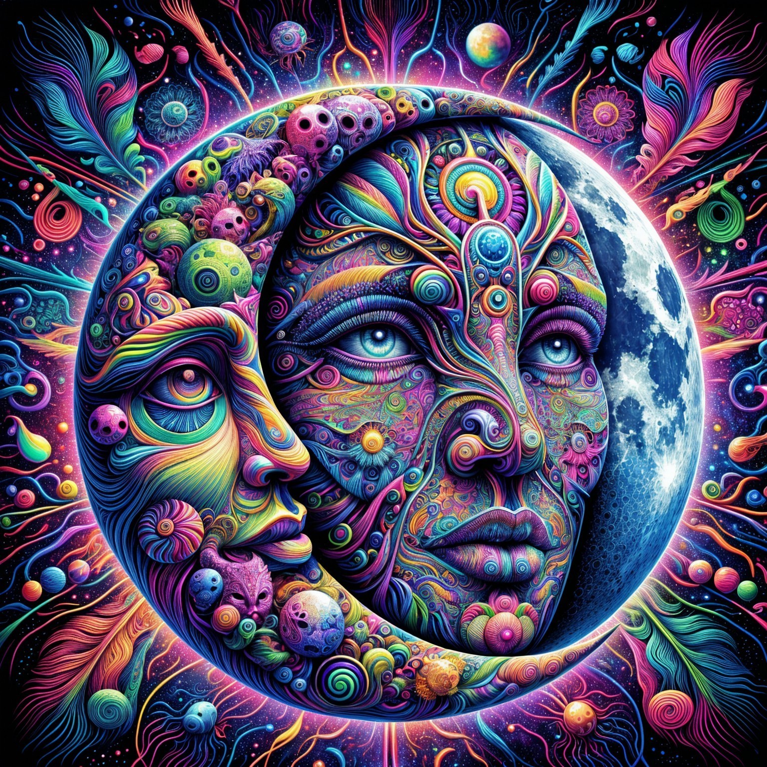 Vibrant Cosmic Artwork with Crescent Moon and Patterns