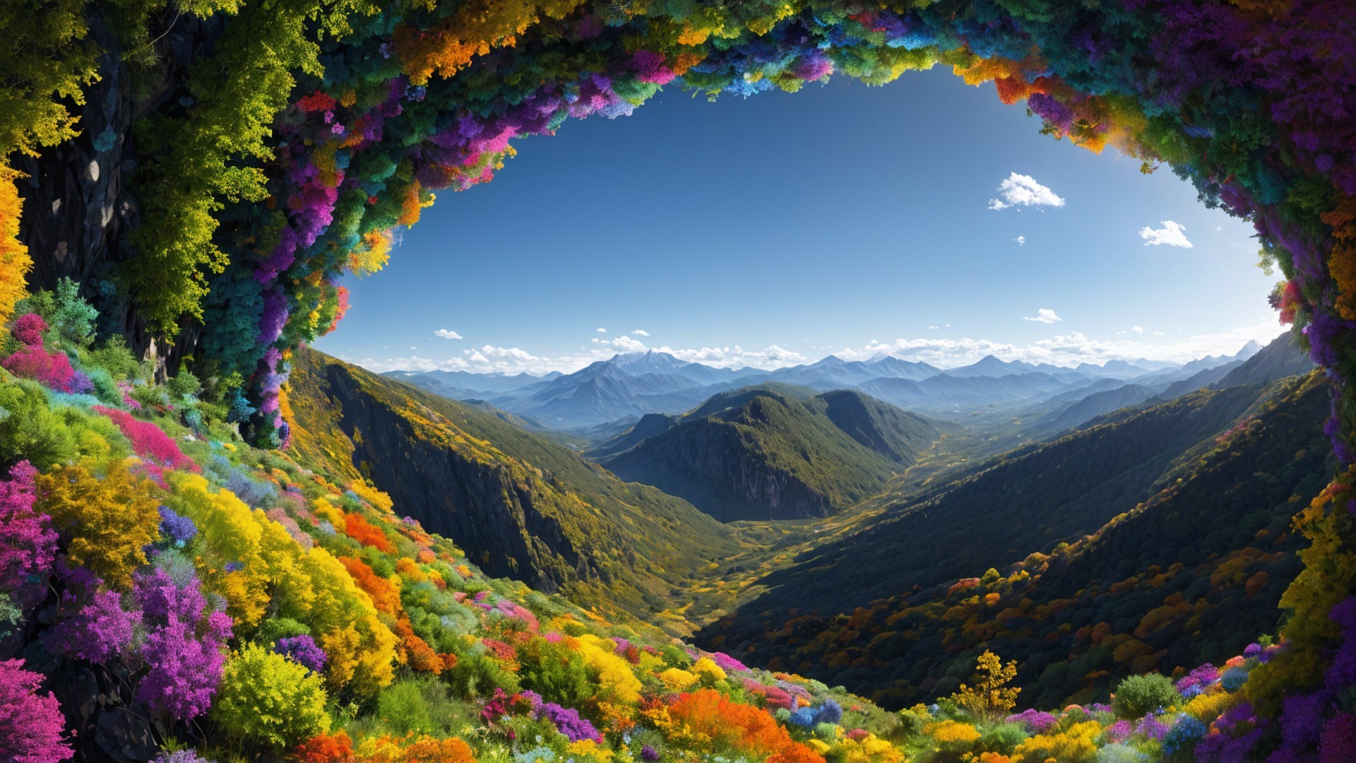 Vibrant Floral Arch Overlooking a Mountain Valley