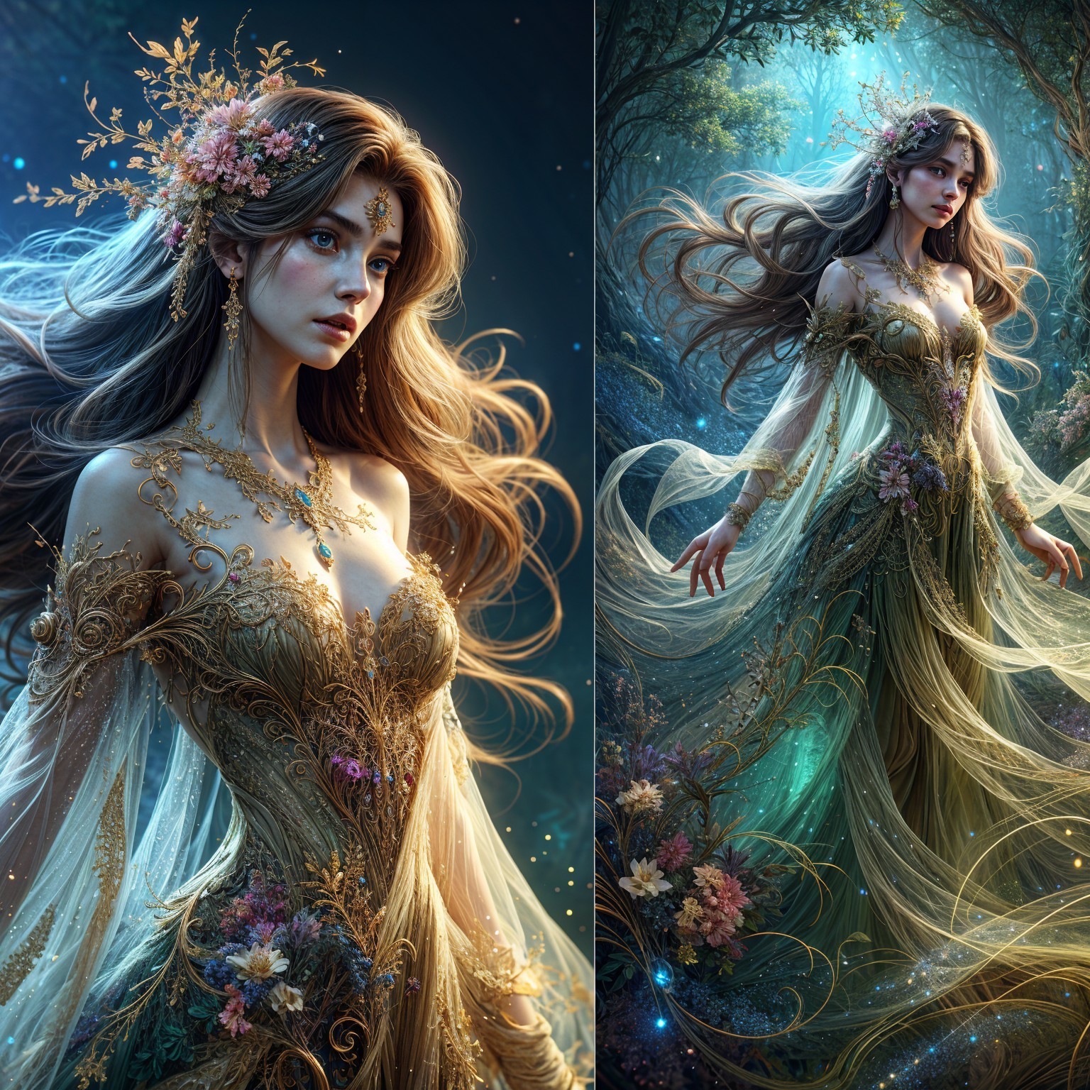 Mystical figure in enchanted forest with floral gown
