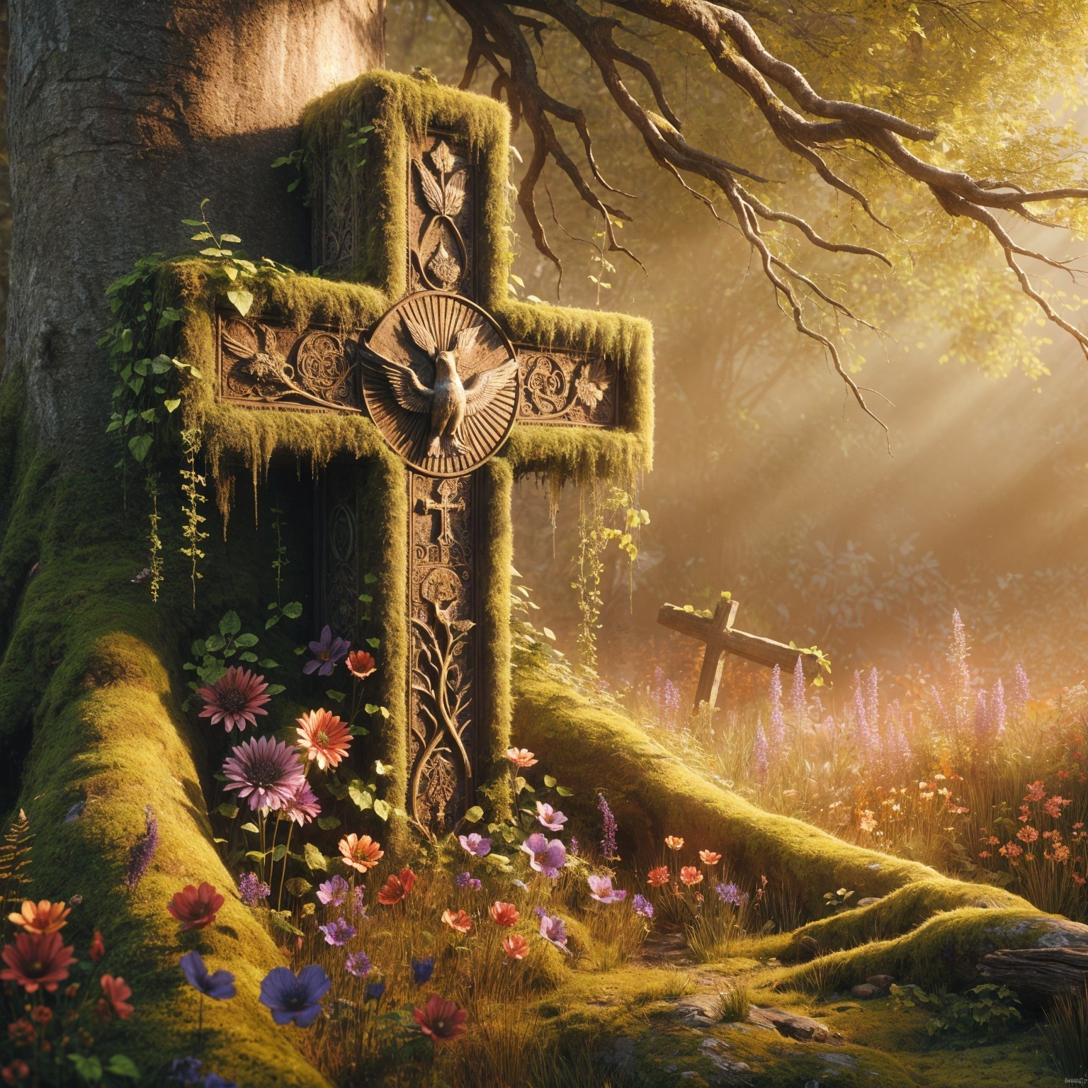 Moss-Covered Stone Cross in a Sunlit Forest