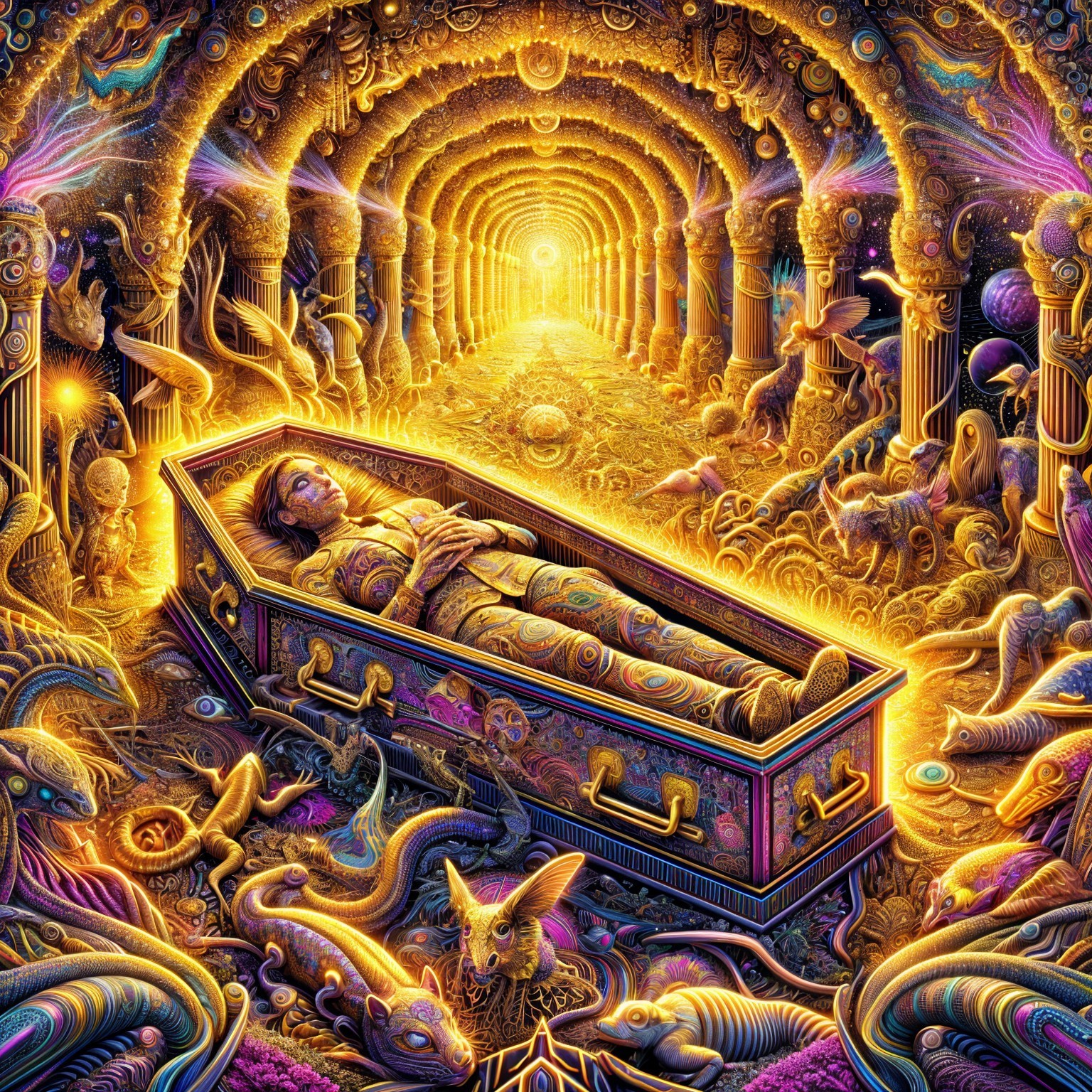 Surreal Scene with Figure in Golden Coffin and Beings