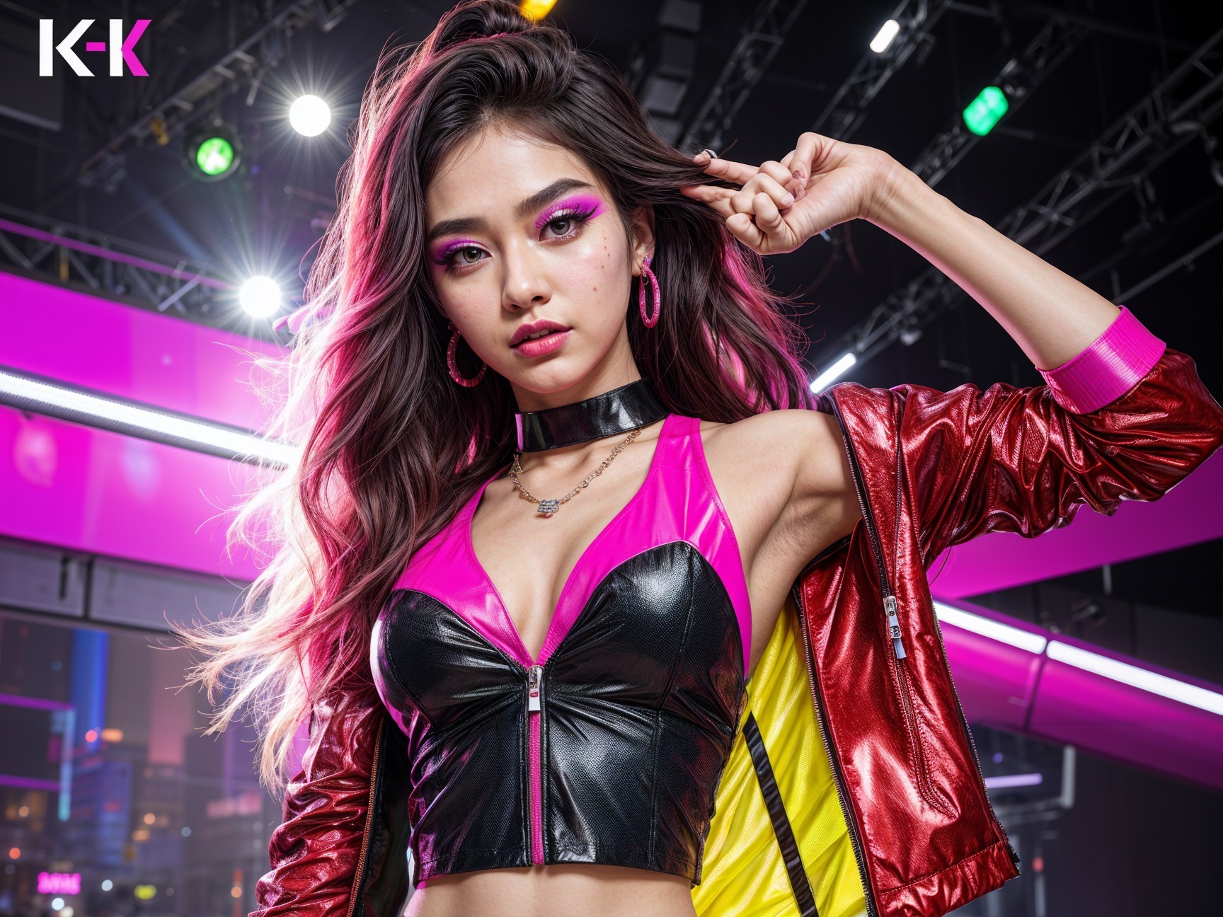 Confident Pose in Vibrant Pink and Black Outfit