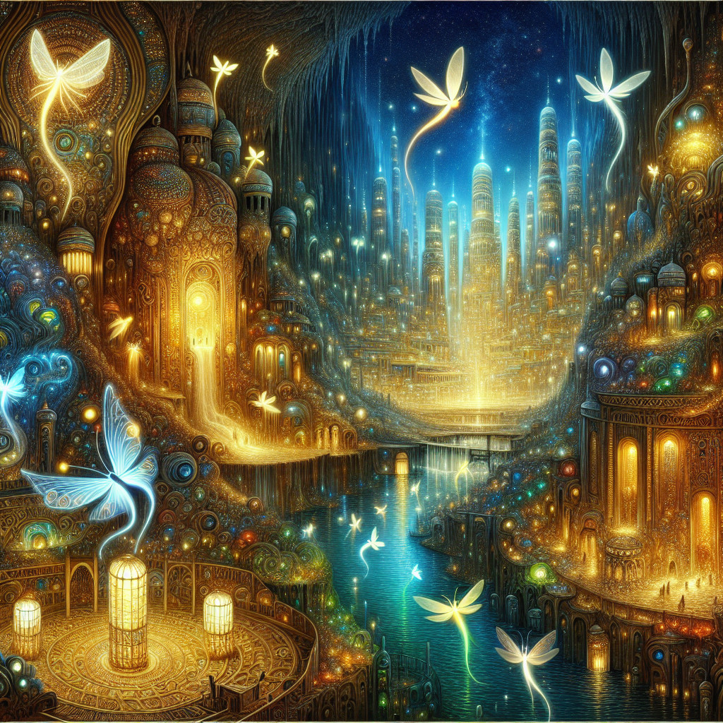 Magical Underground City with Glowing Lights and Towers