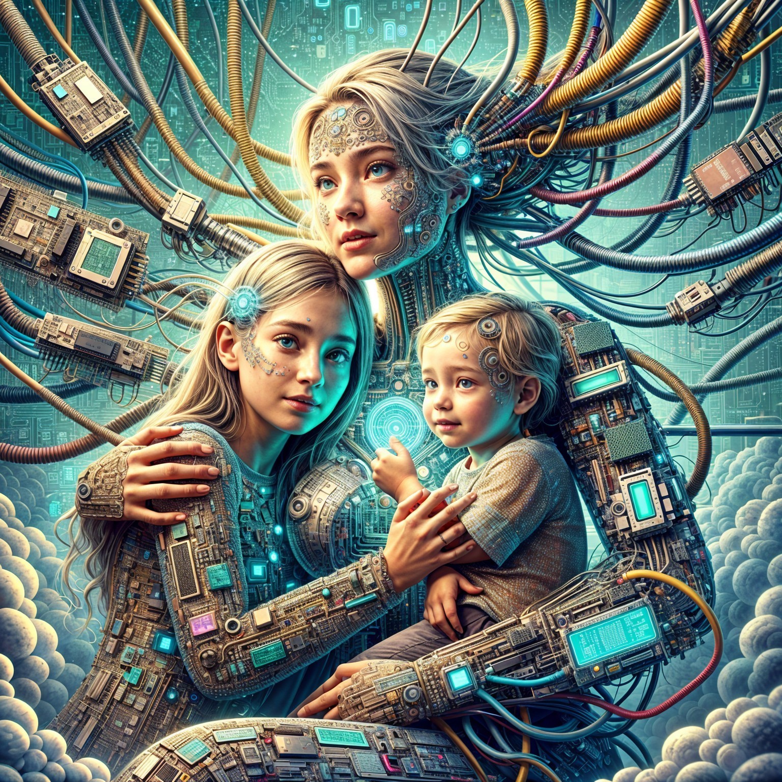 Surreal Scene of Family Merging with Cybernetic Elements