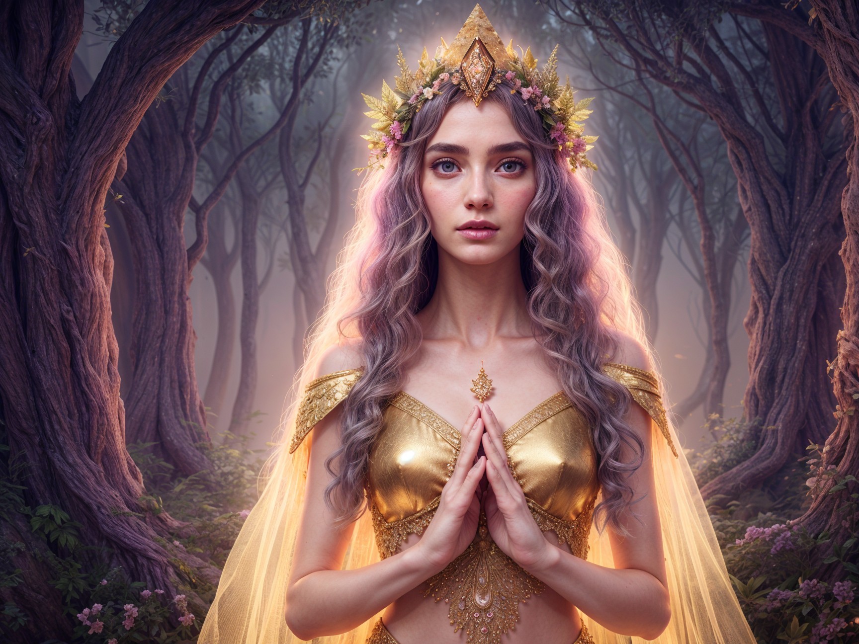 Mystical Figure in Enchanted Forest with Golden Gown