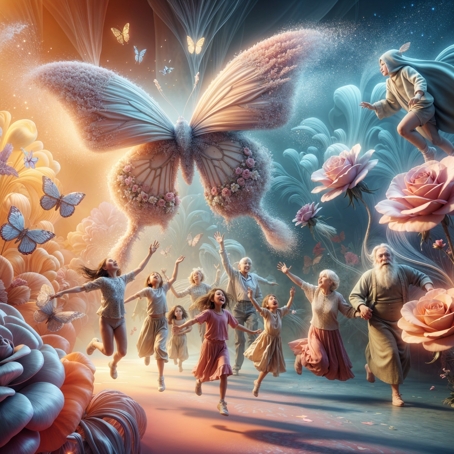 Whimsical Landscape with Giant Butterfly and Celebration