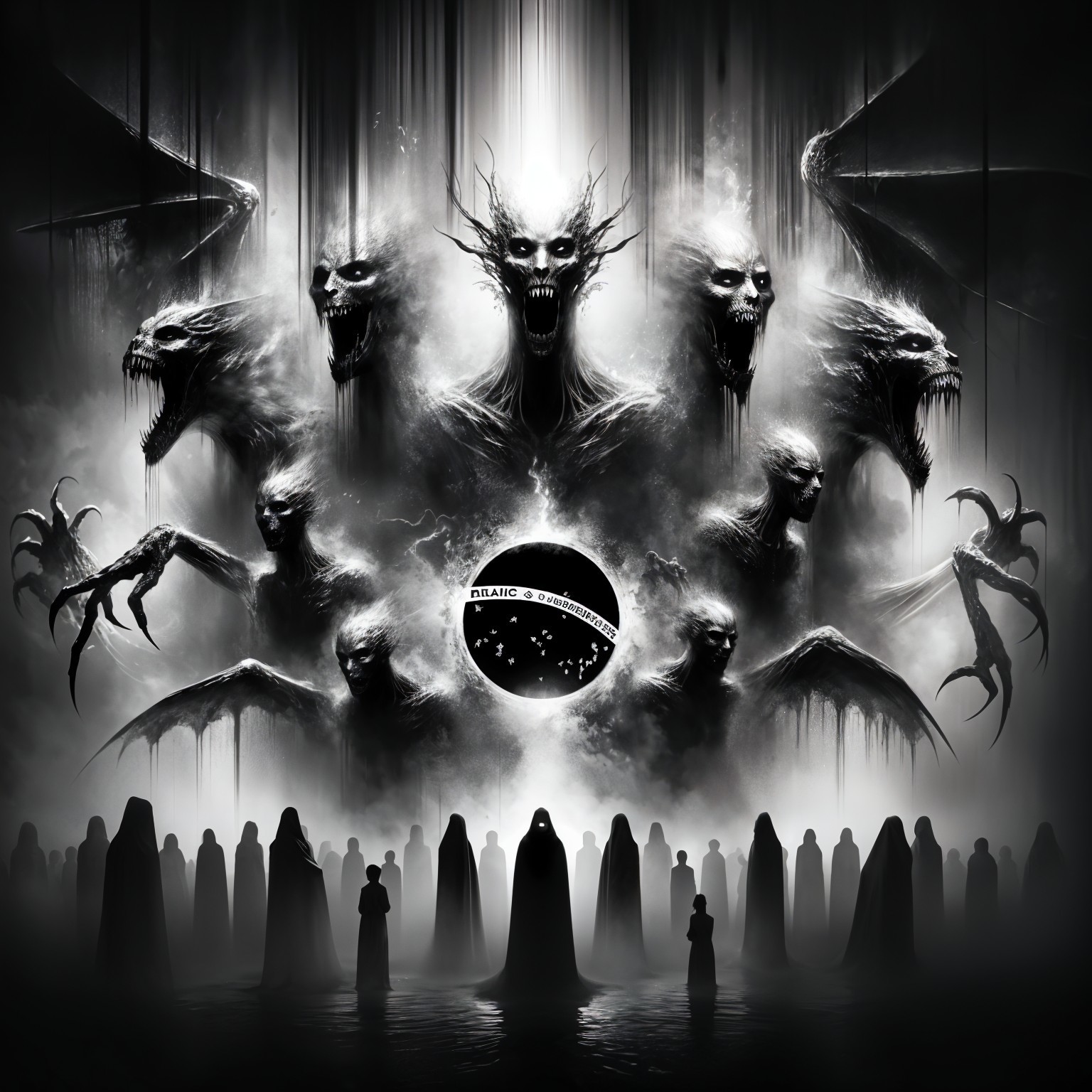 Grotesque Dragon-Like Figures in Dark Ominous Scene