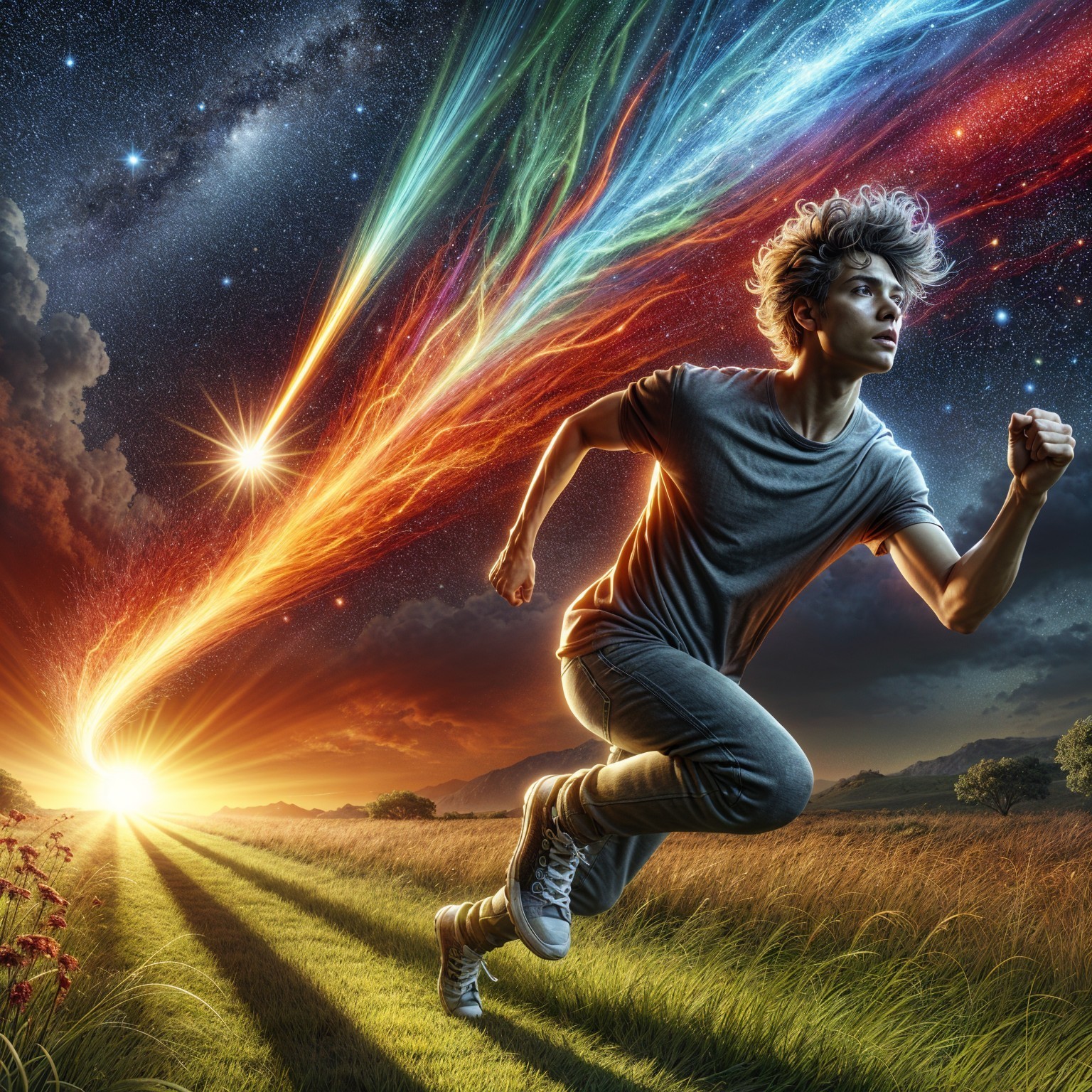 Young person sprinting through a vibrant landscape scene