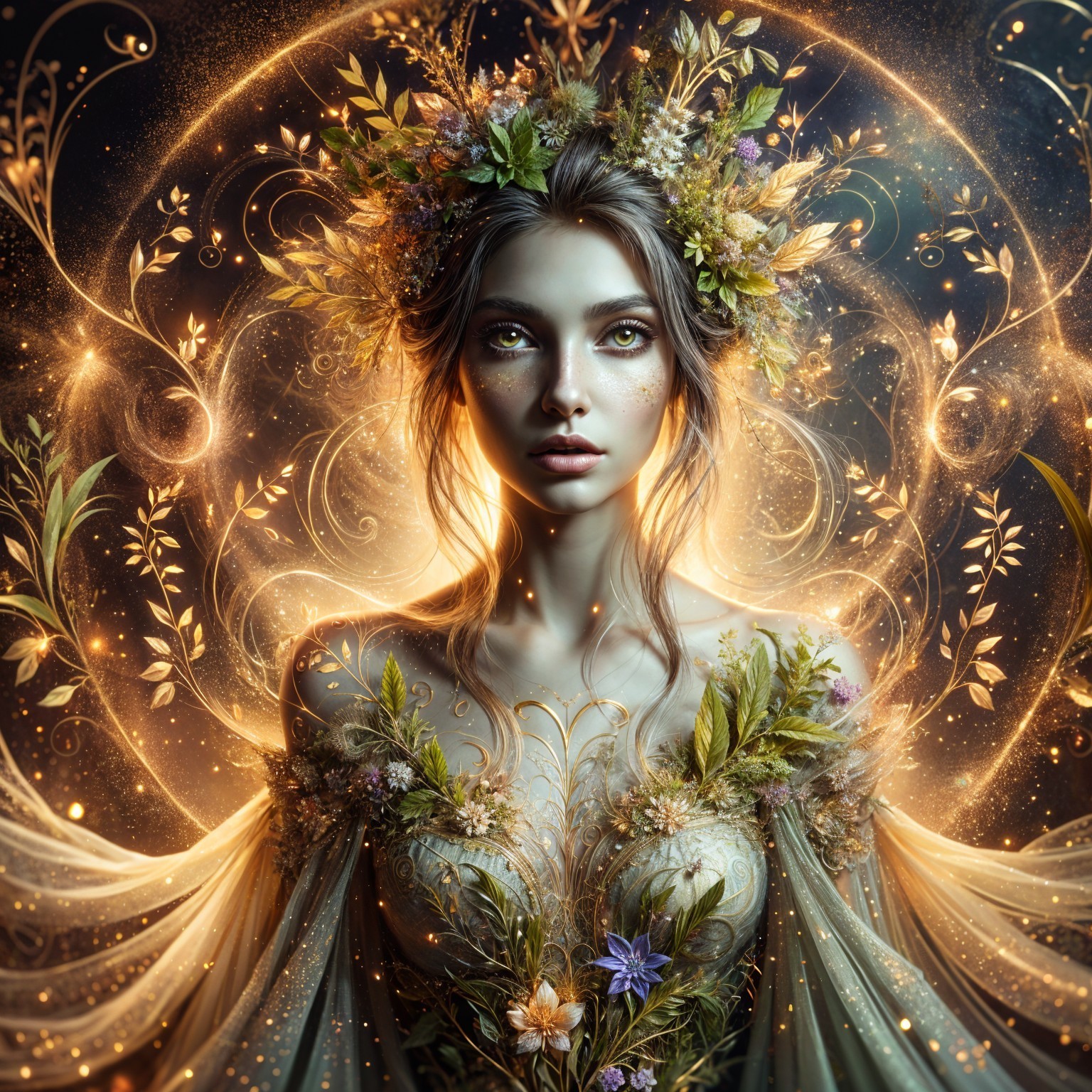Mystical figure in floral crown with glowing backdrop
