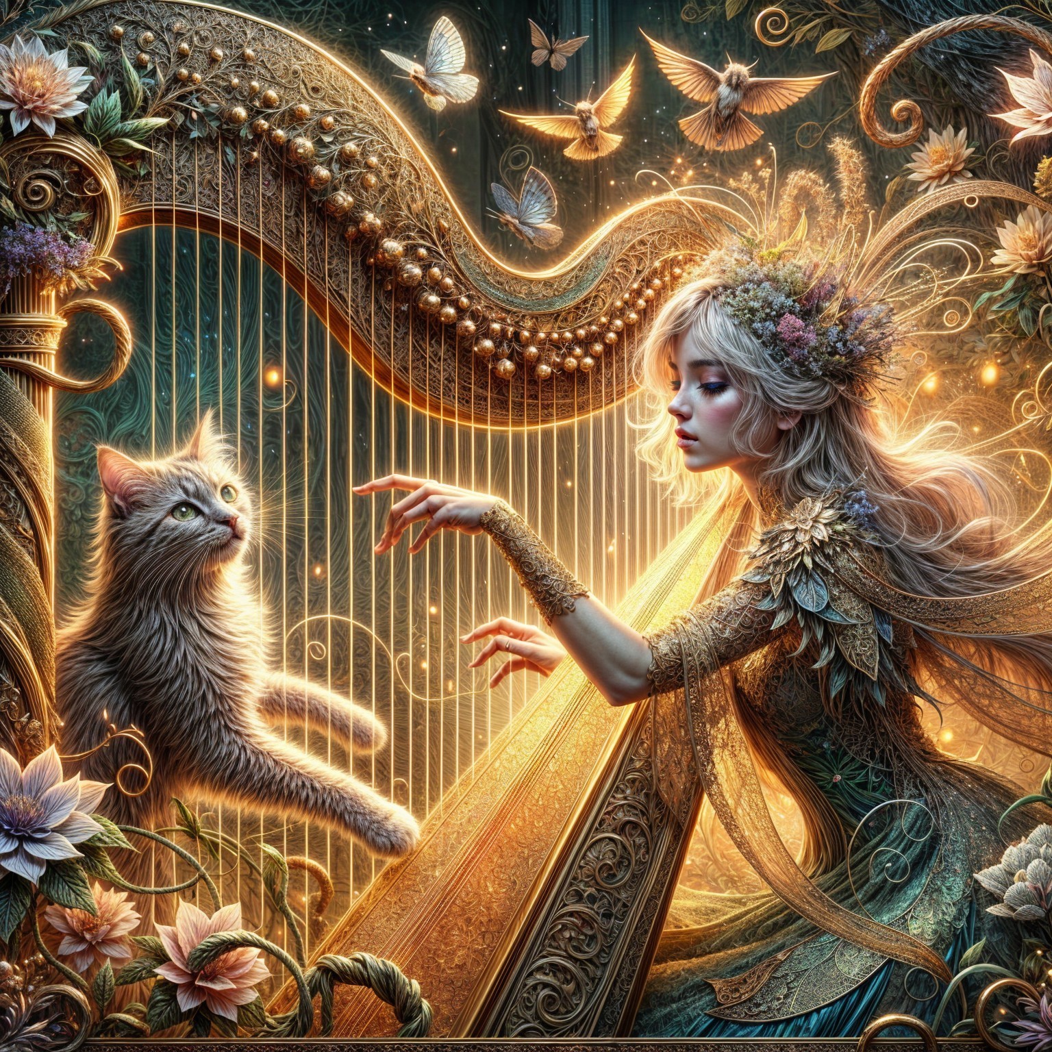 Whimsical Scene of a Woman Playing a Golden Harp