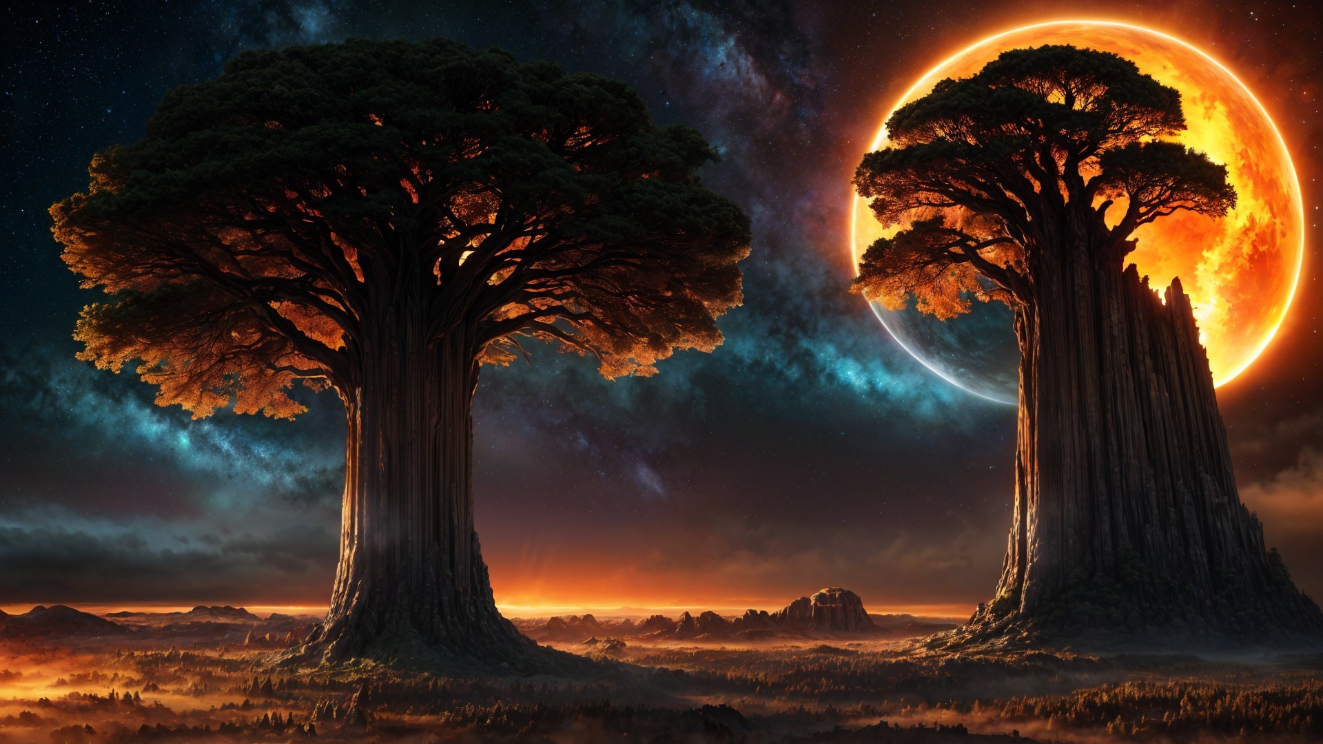 Majestic Trees in a Cosmic Landscape at Night