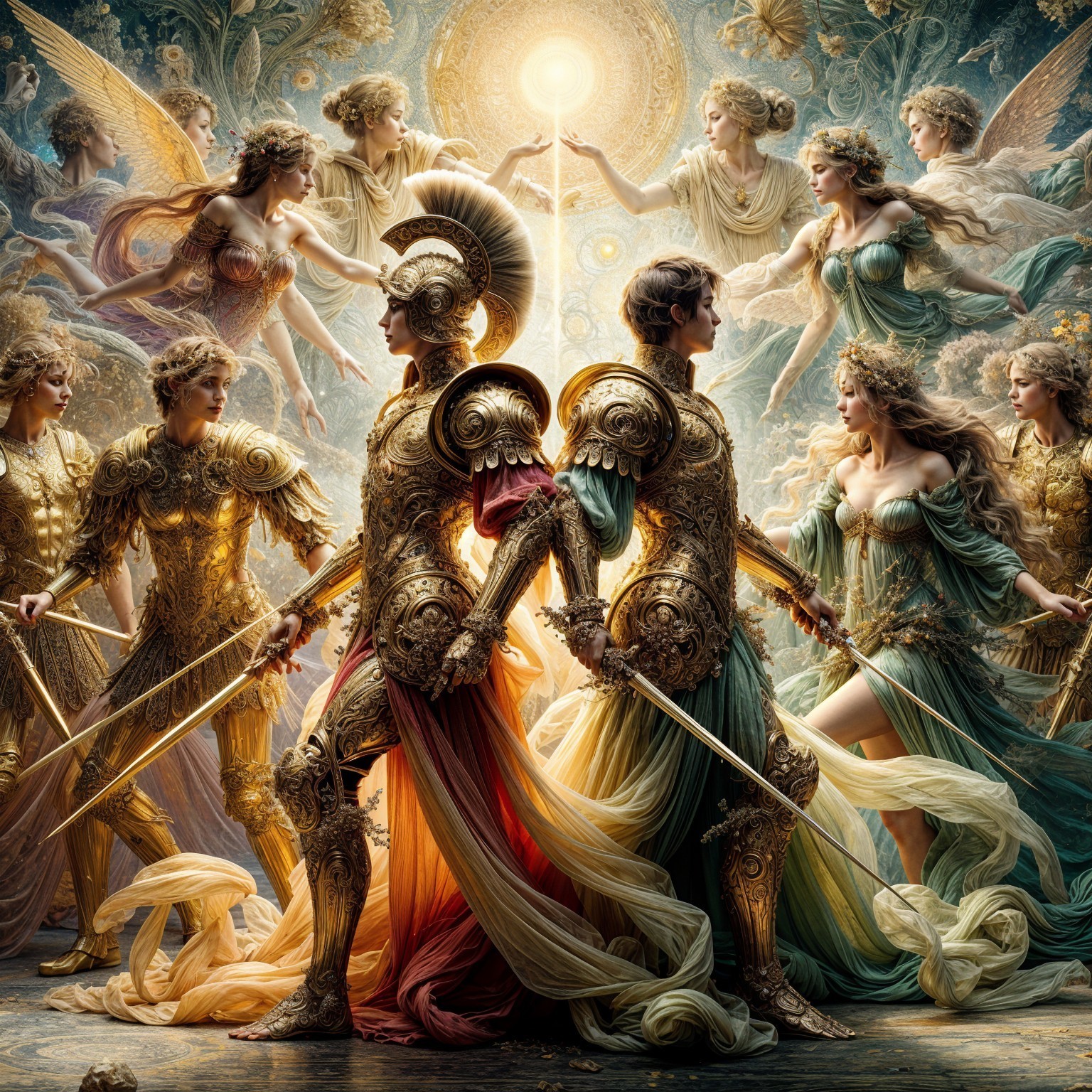 Mythological Scene of Armored Warriors and Ethereal Beings
