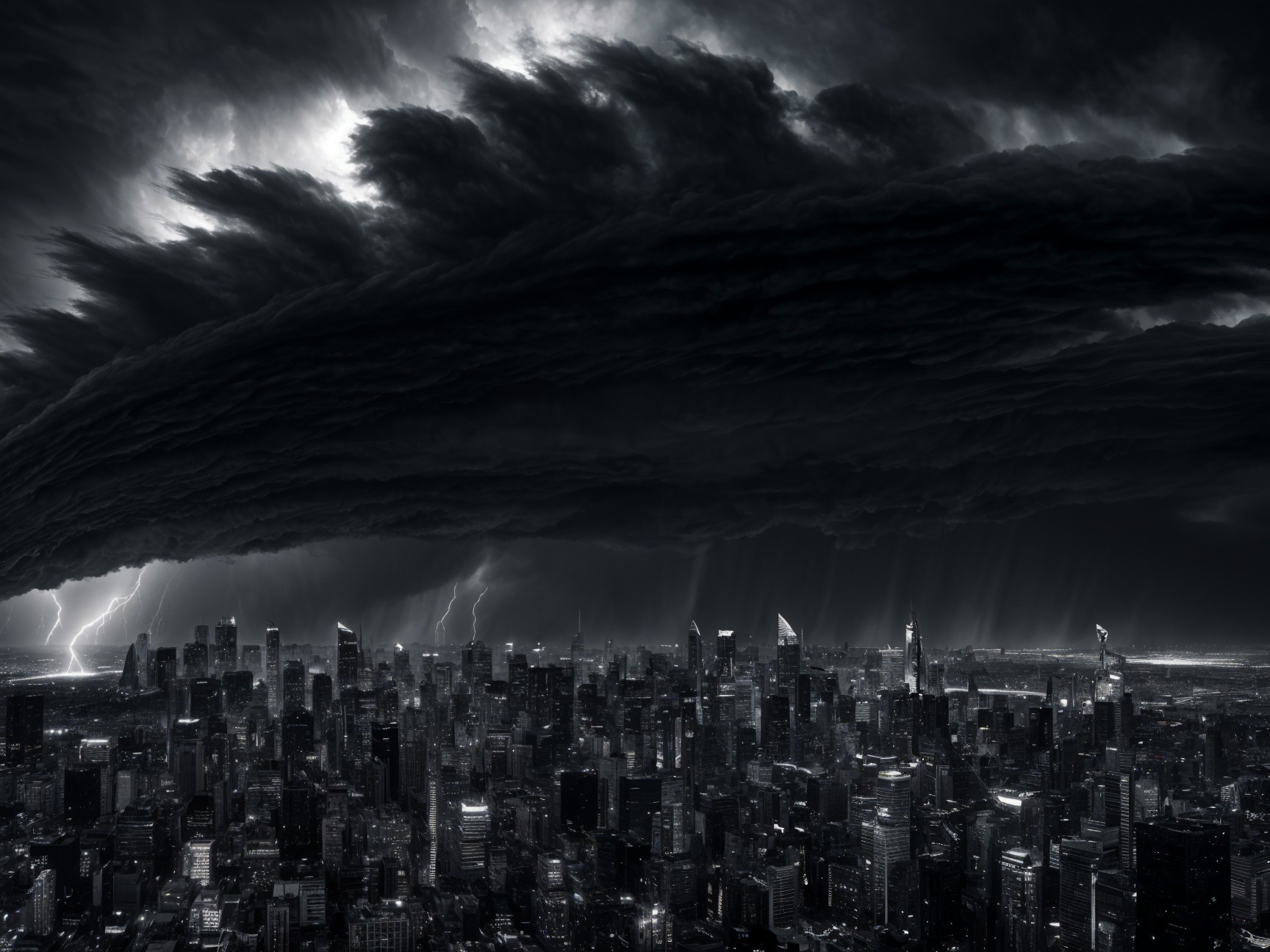 Dramatic Storm Over City Skyline with Lightning