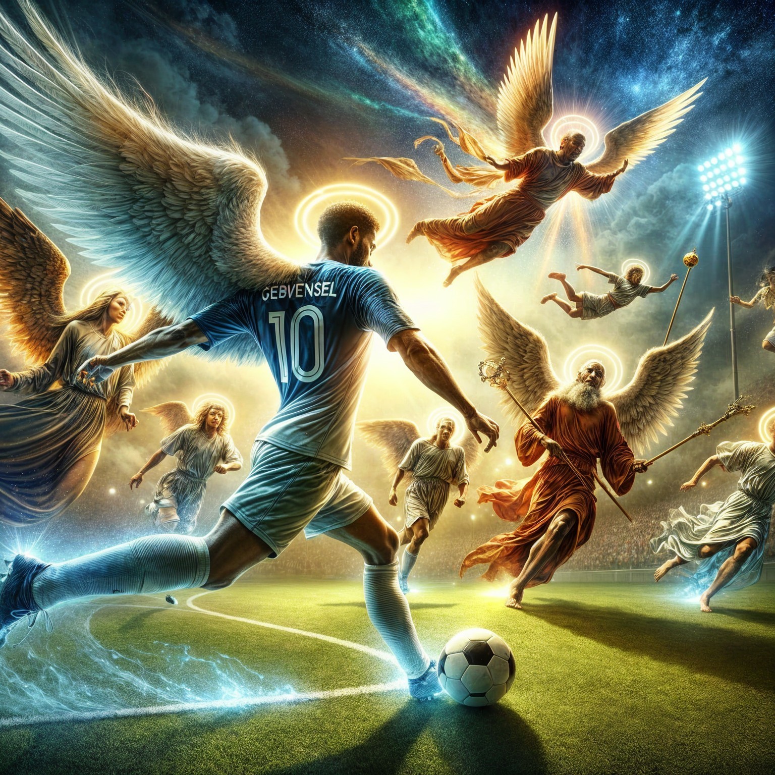 Celestial Soccer Match with Angels Under Starry Sky