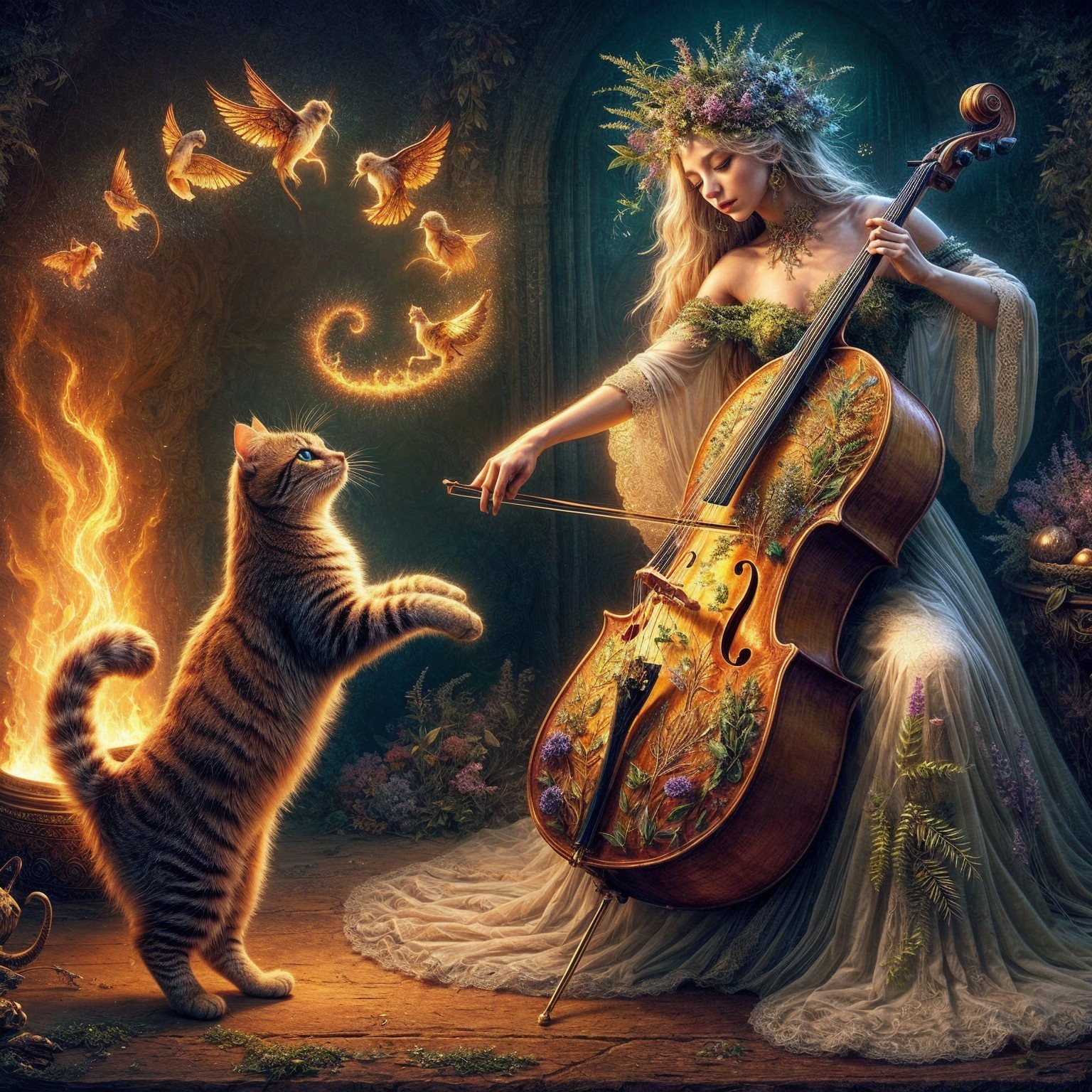 Woman in Woodland Playing Cello with Birds and Cat