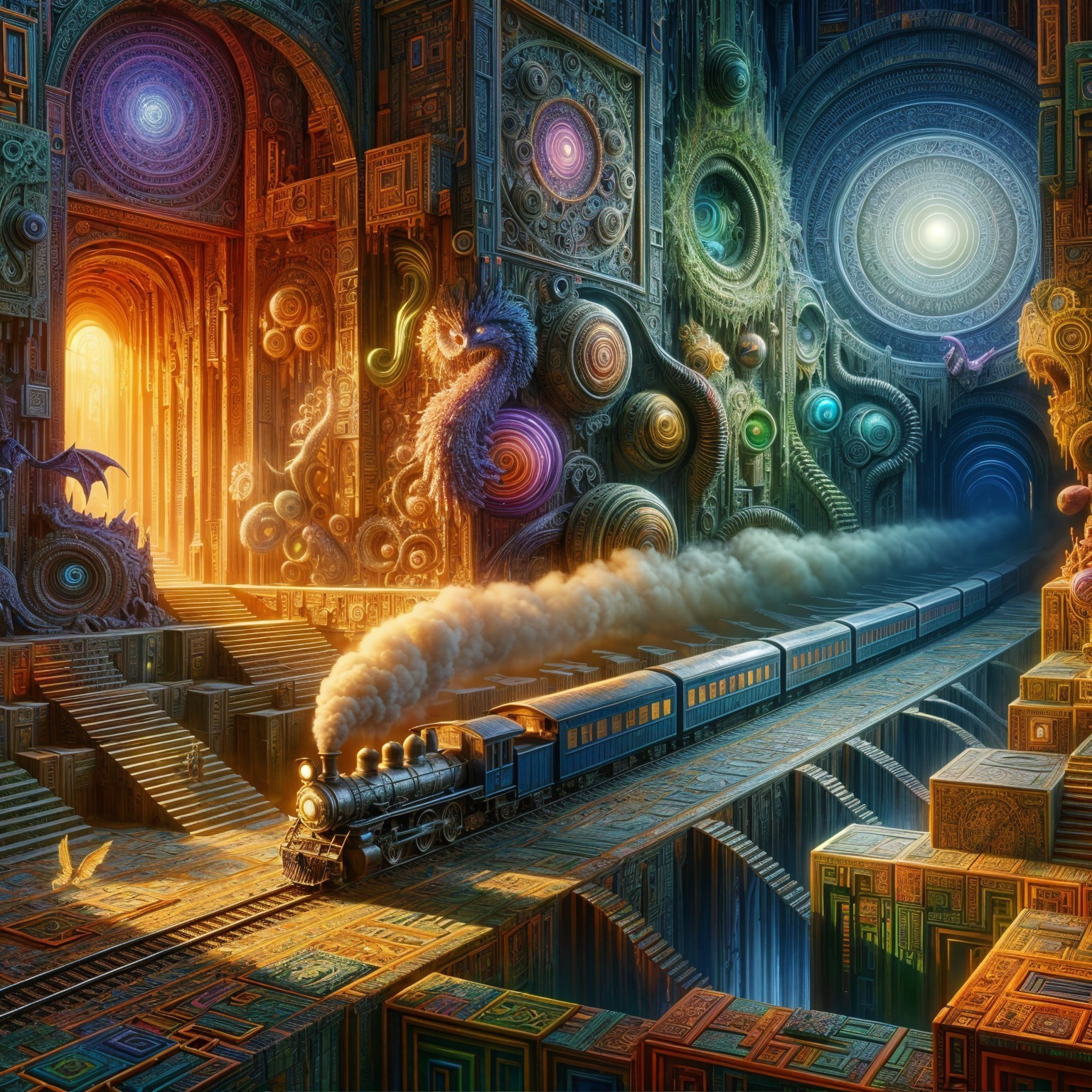 Vintage steam train in a surreal, vibrant landscape