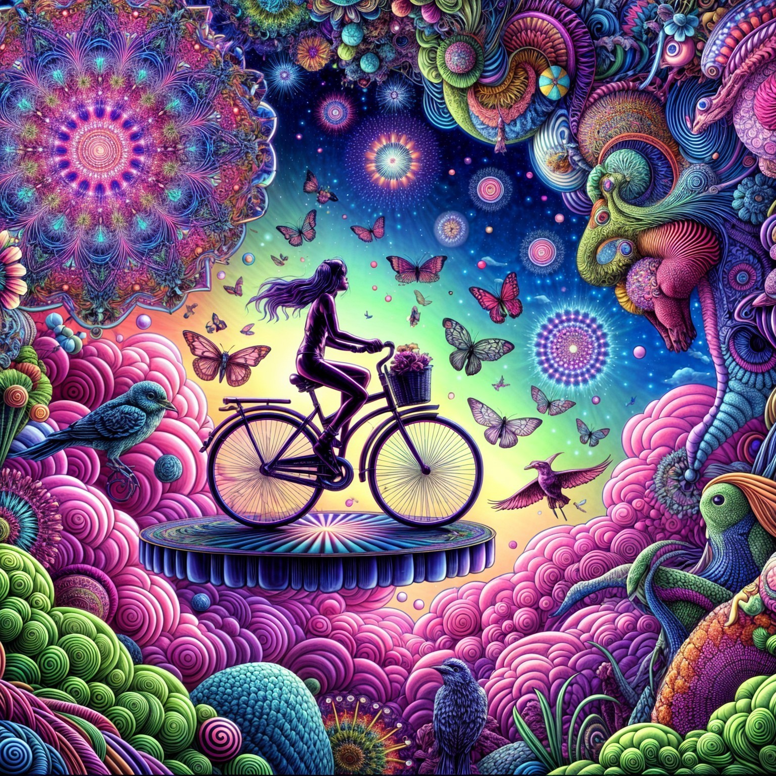 Surreal Landscape with Bicycle and Colorful Sky