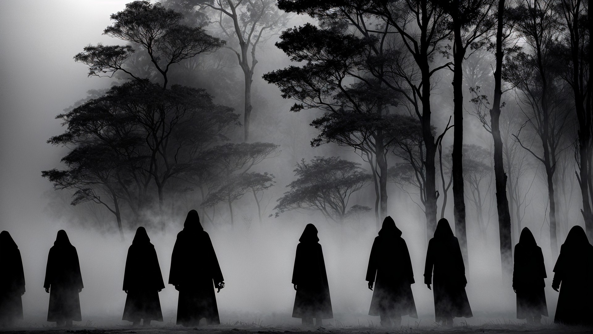 Cloaked Figures in a Misty Forest Scene