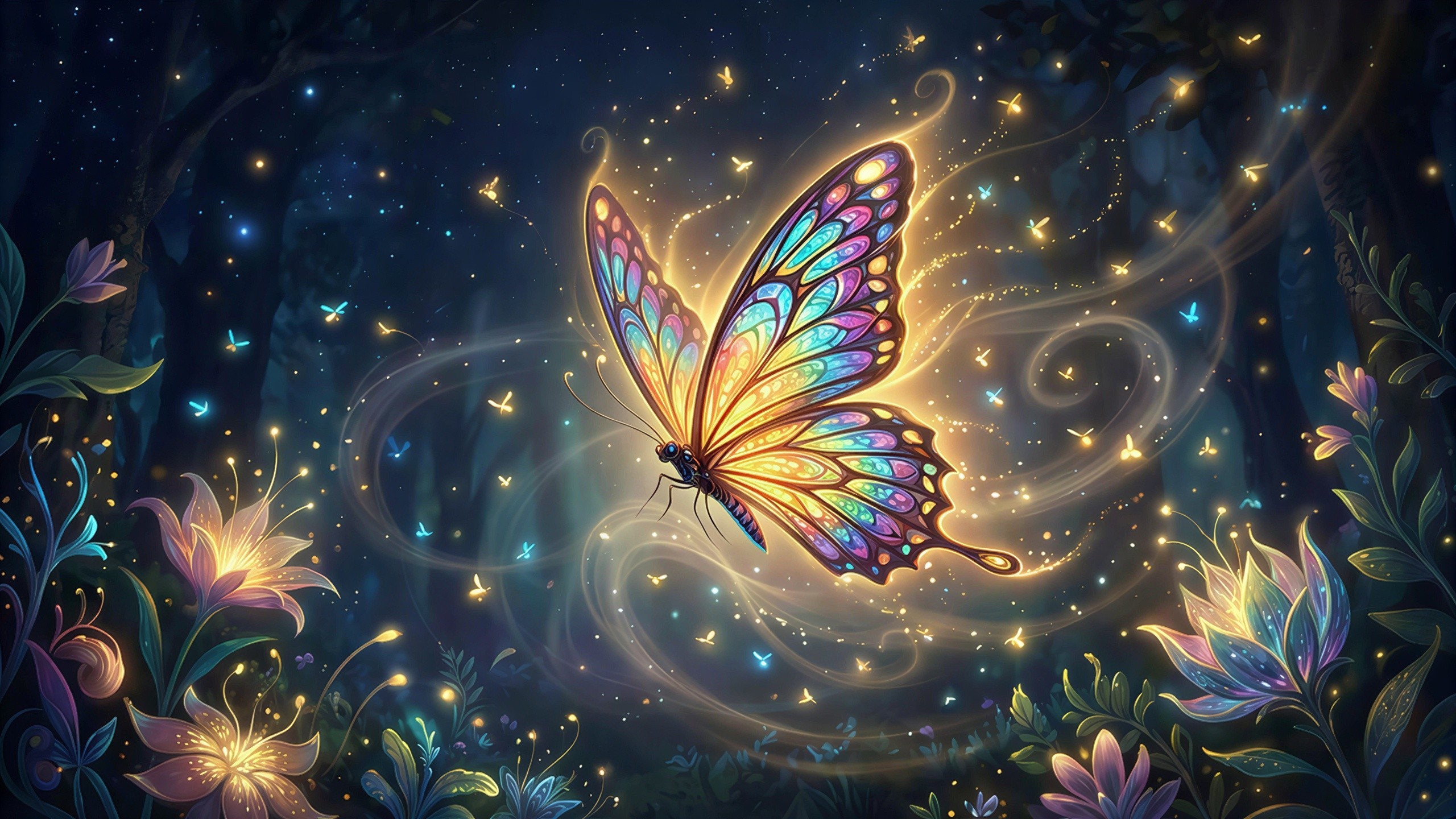 Iridescent Butterfly in Enchanted Night Forest