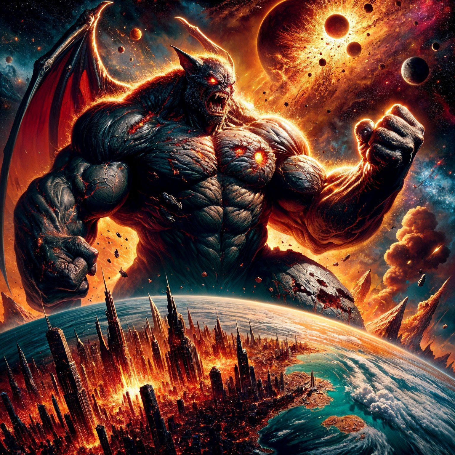 Colossal Demon Overlooks Futuristic City in Chaos