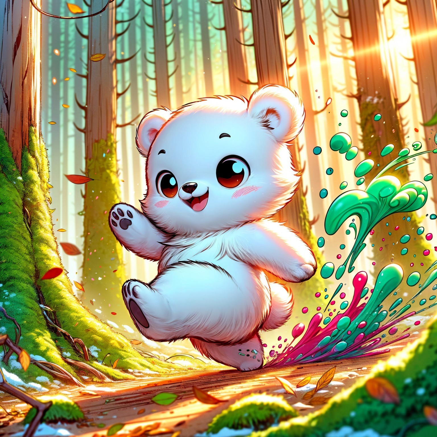 Fluffy Bear Cub in a Vibrant Forest Setting
