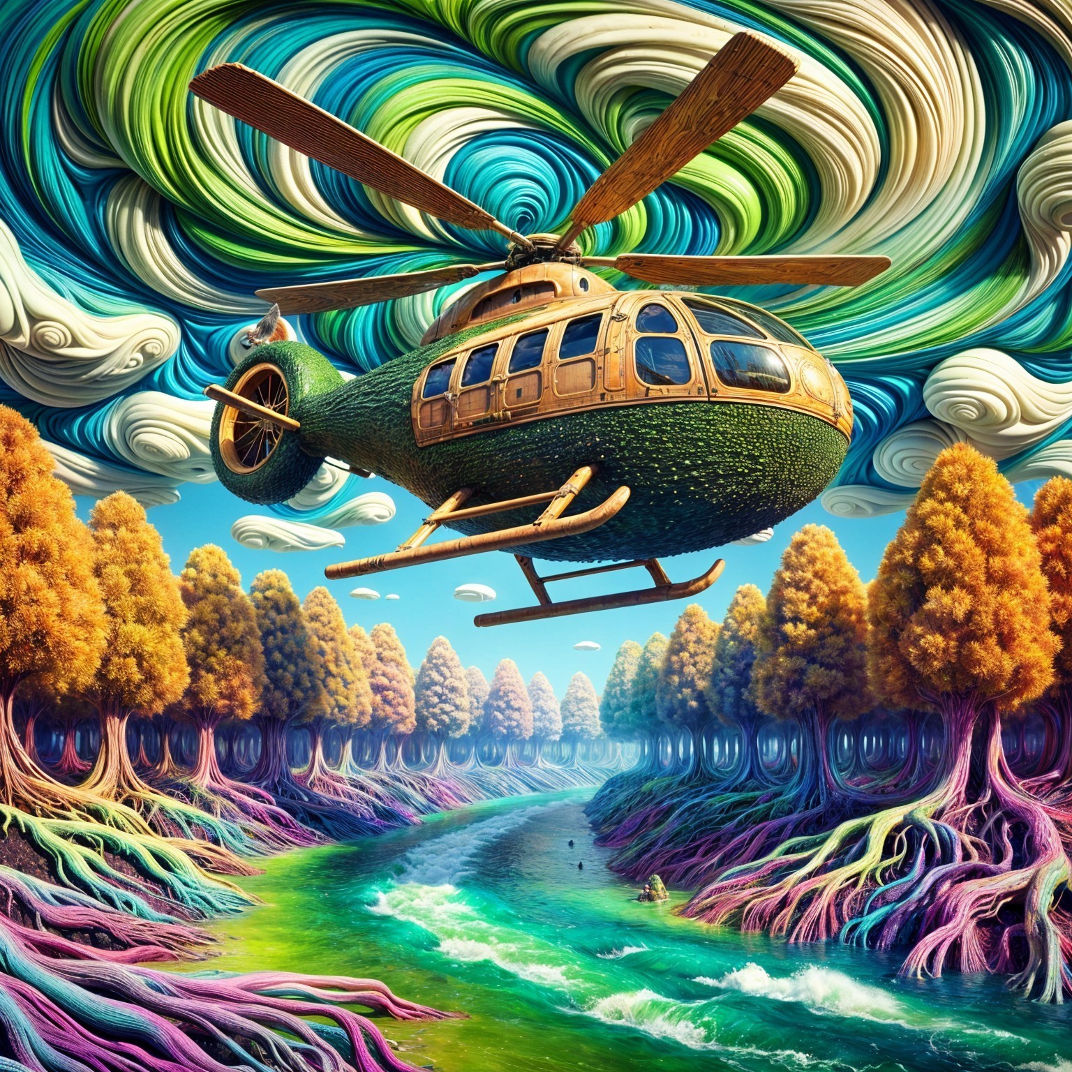 Whimsical Helicopter Over Vibrant Landscape and Forest