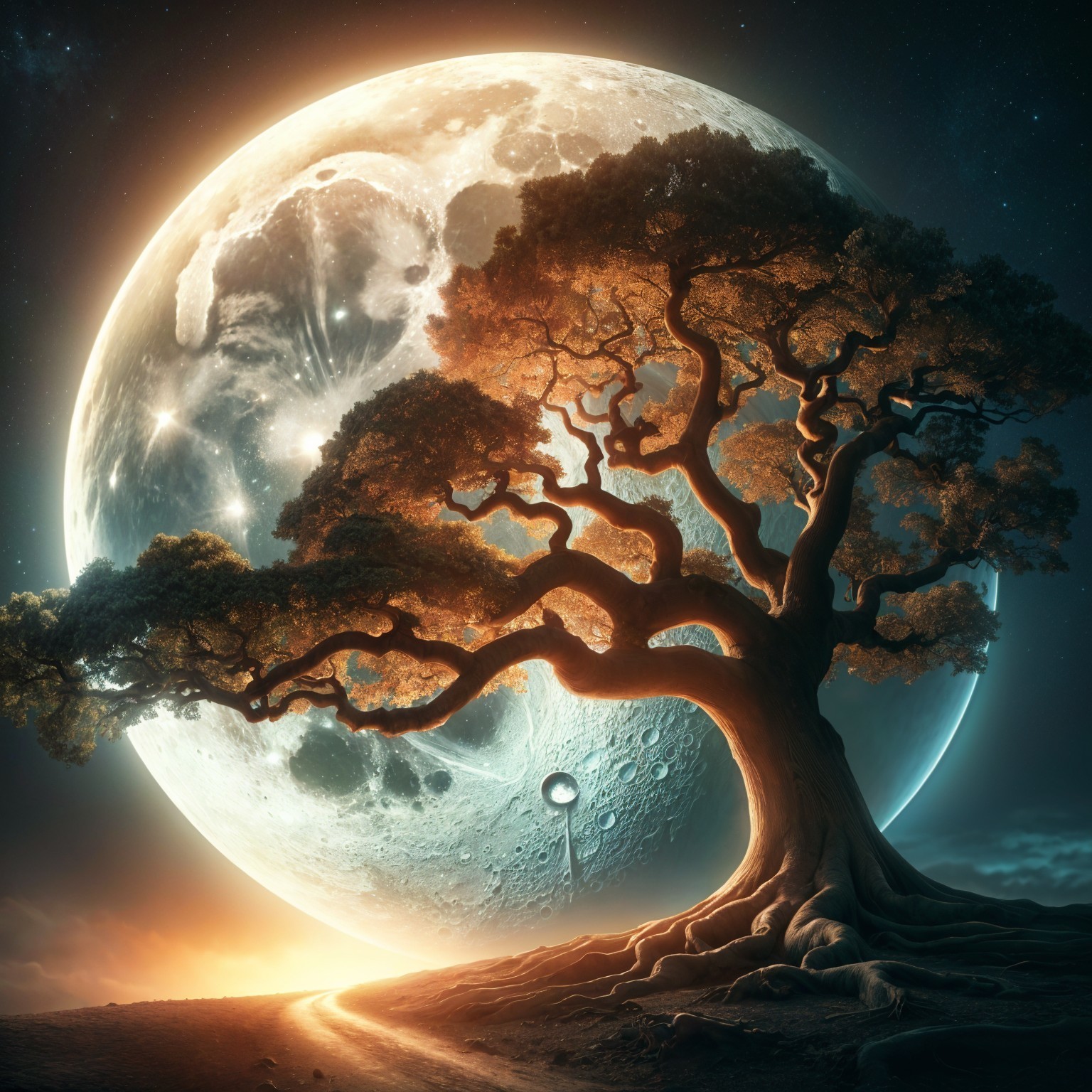 Ancient tree under luminous moon in serene landscape