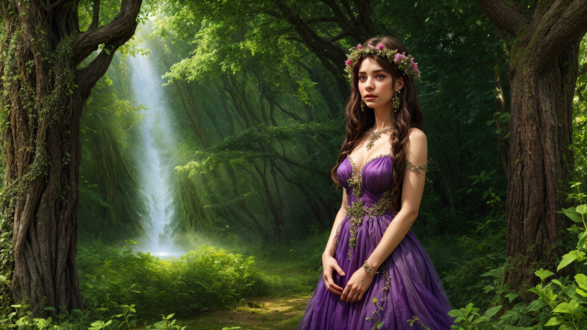 Young Woman in Purple Gown by Cascading Waterfall