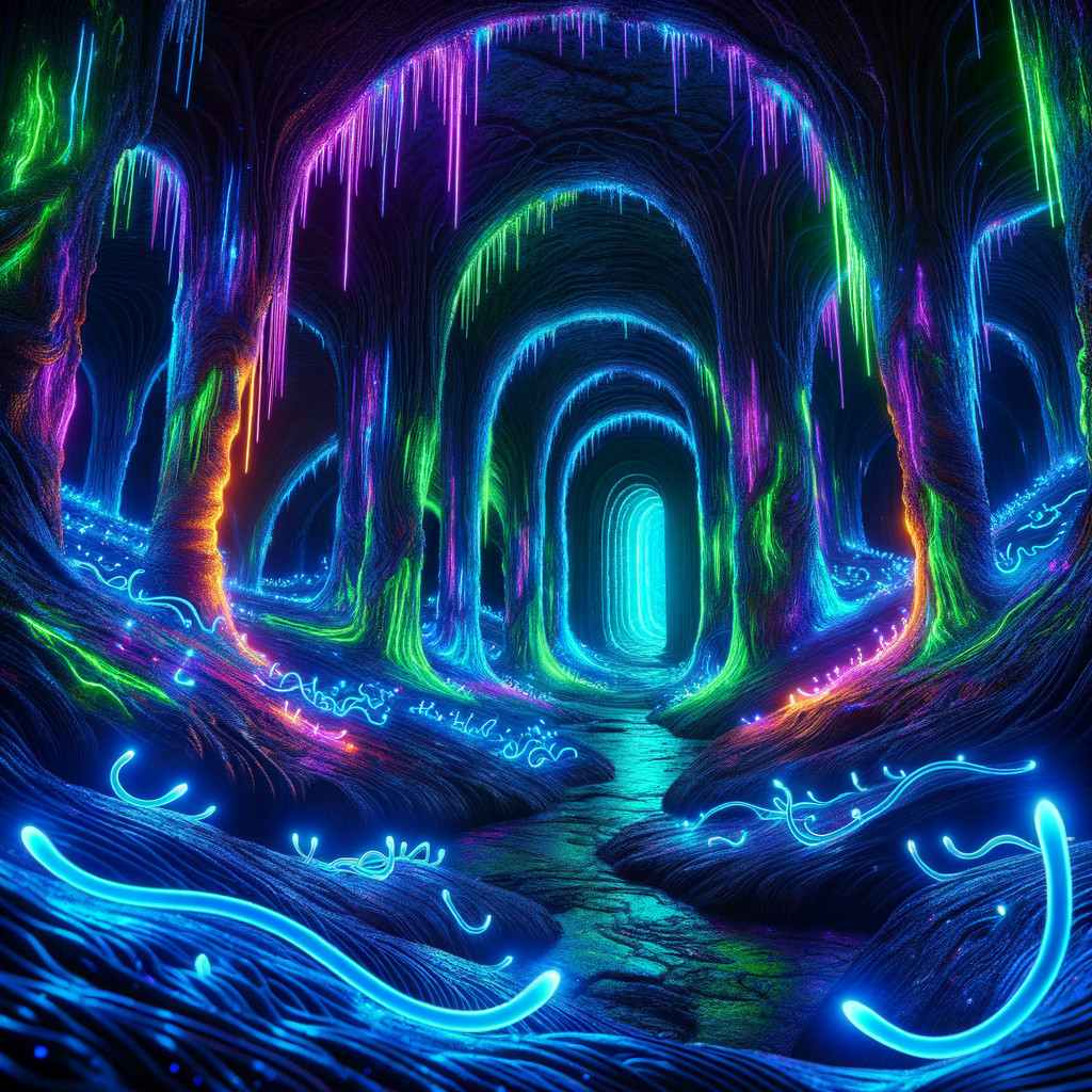 Surreal Neon Cave with Glowing Stalactites and Plants