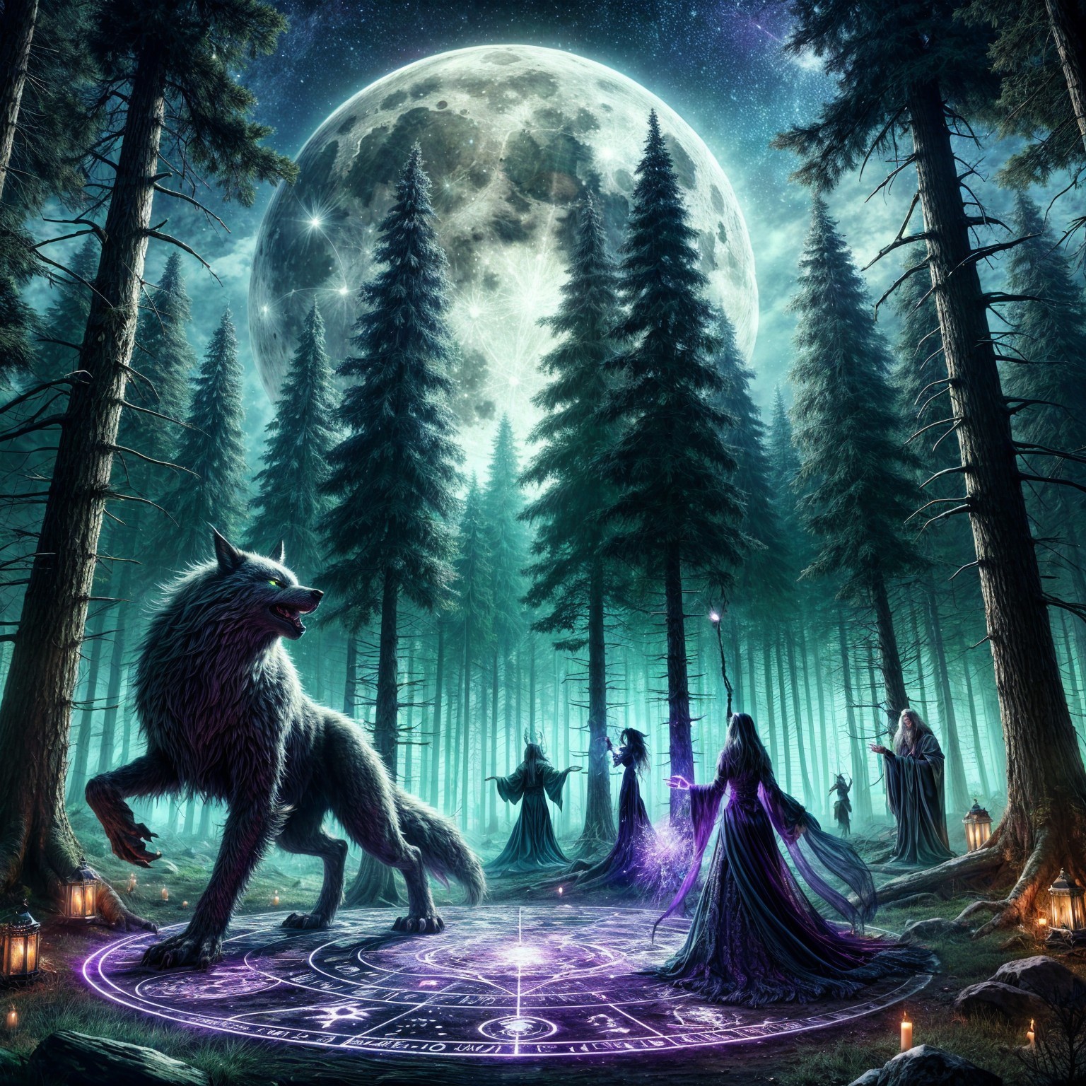 Mystical Forest with Wolf and Cloaked Figures Ritual