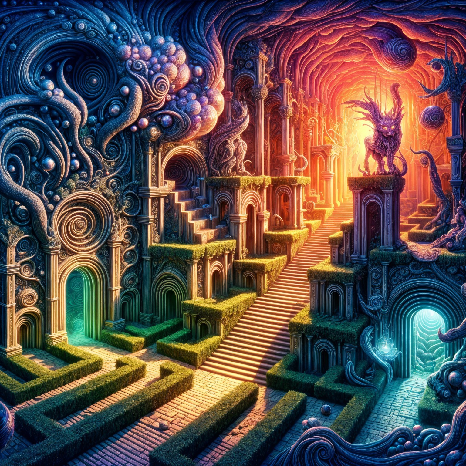 Surreal Landscape with Spiraled Structures and Colors