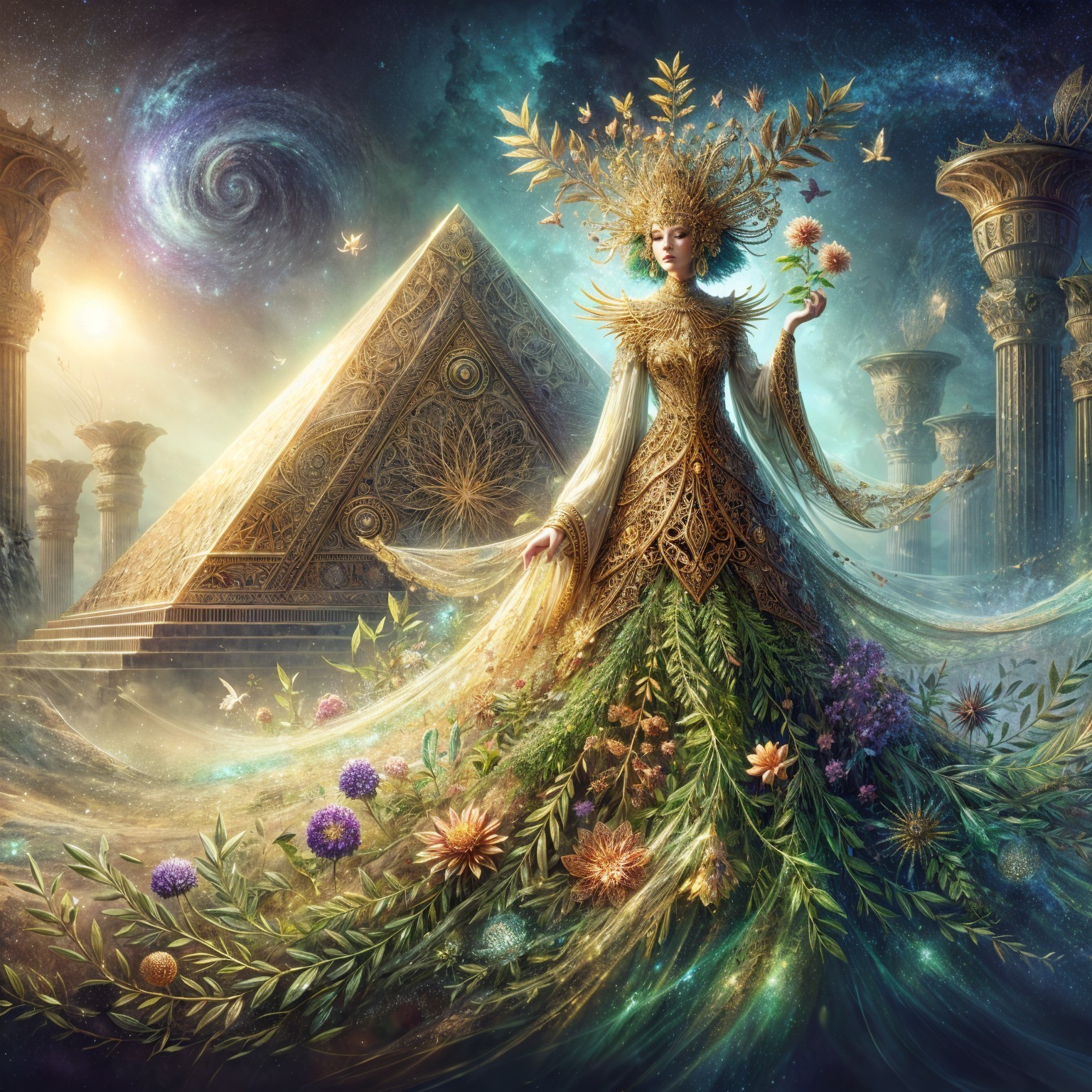 Majestic Figure in Golden Attire Amidst Galaxies and Flora