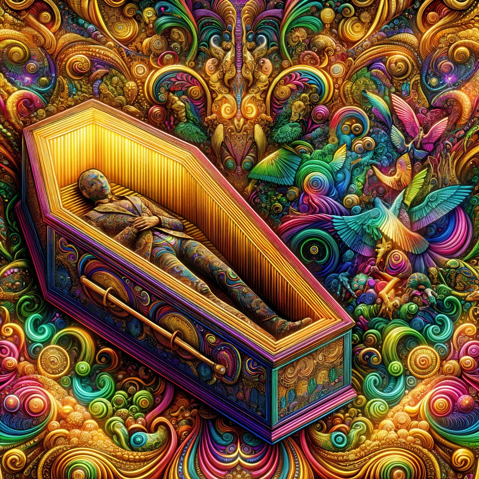 Golden Coffin Surrounded by Colorful Birds and Flowers