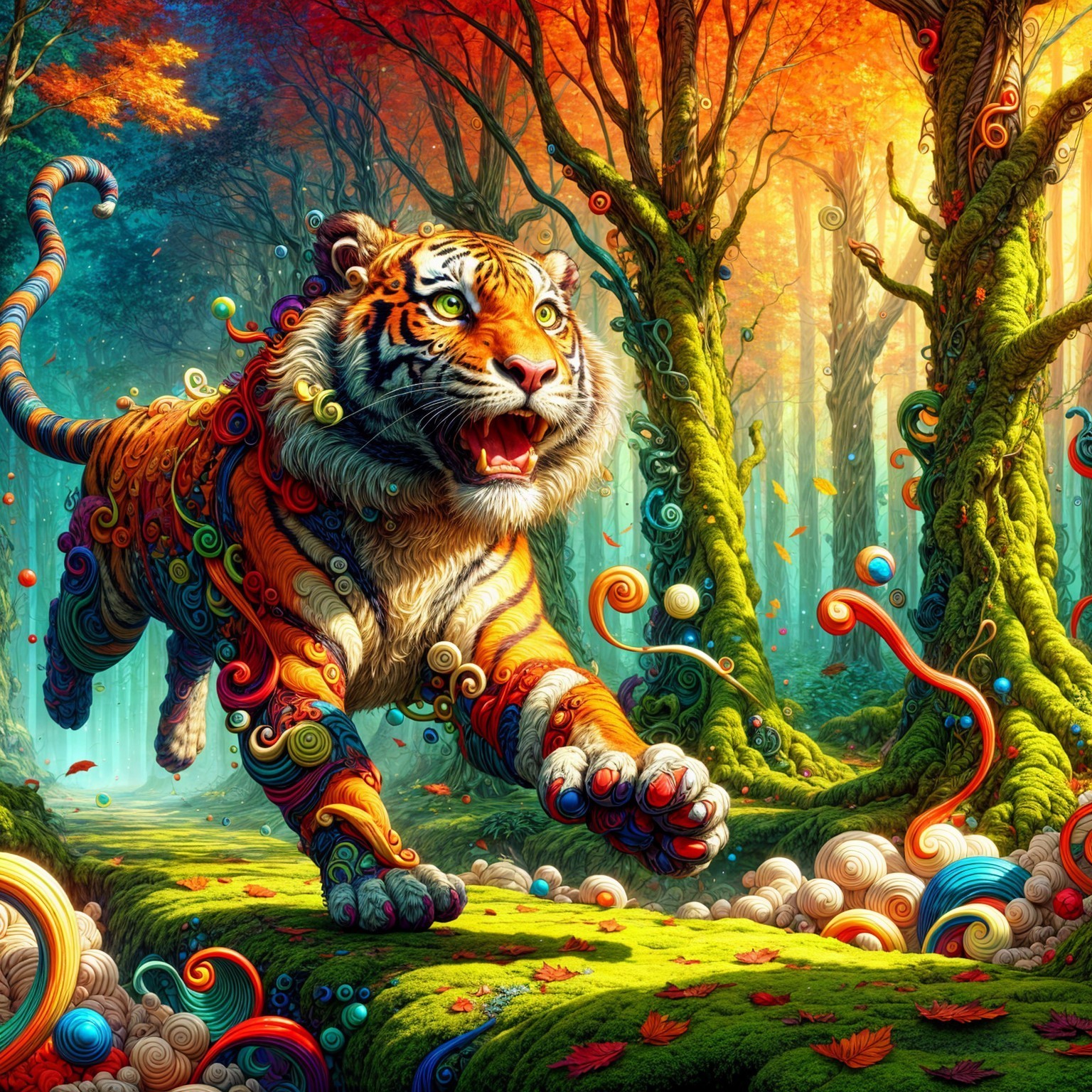 Vibrant Tiger in a Whimsical Forest Landscape