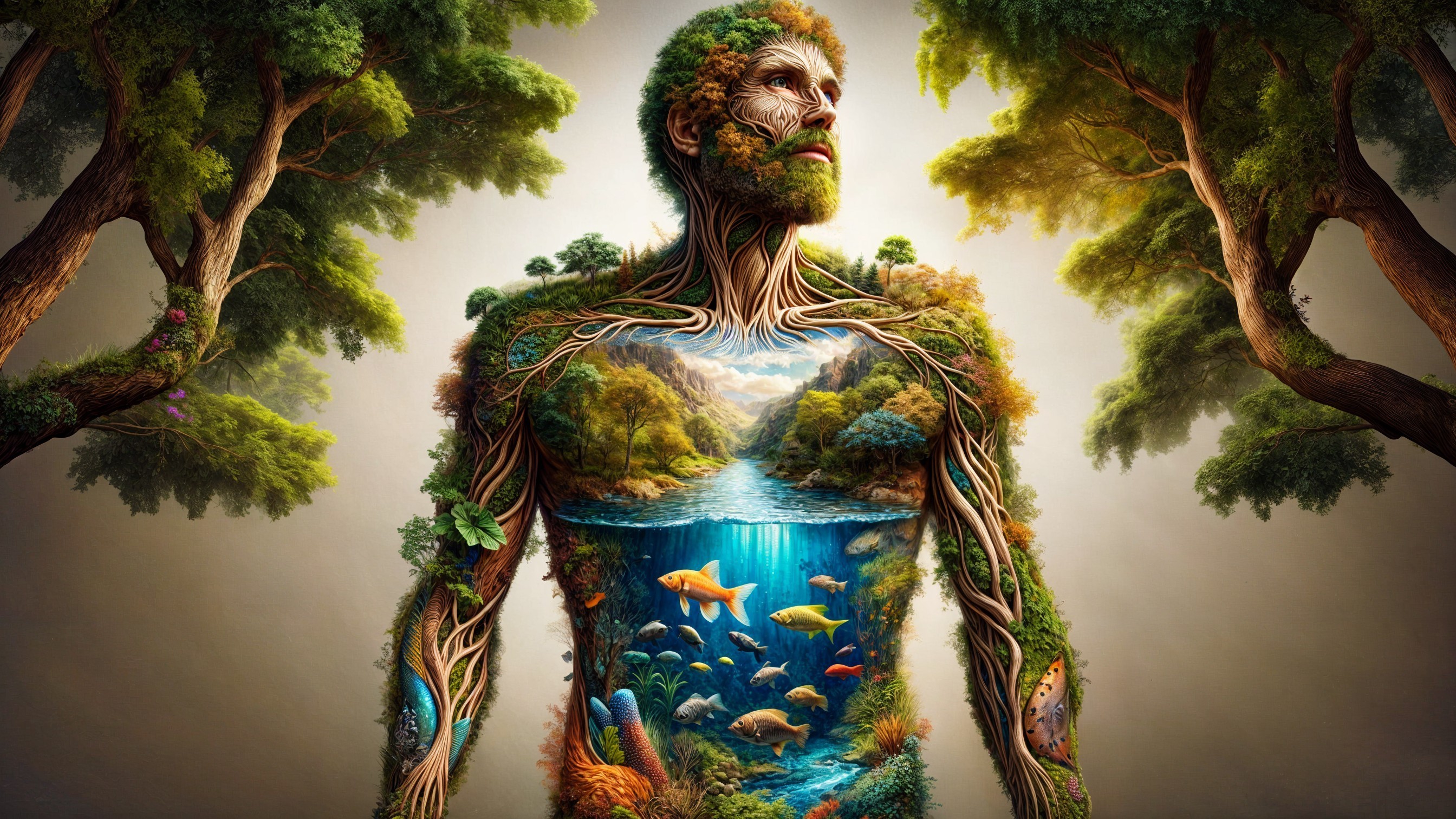 Stylized Human Figure Intertwined with Nature Elements