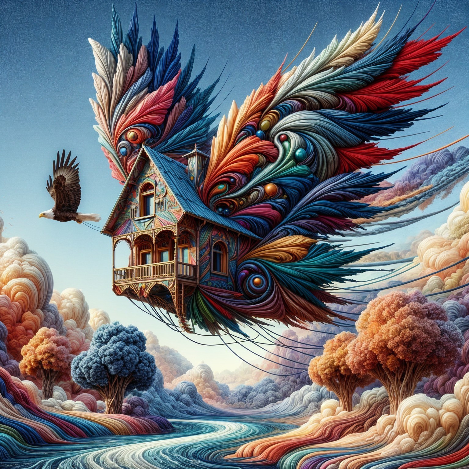 Whimsical House with Colorful Wings in Serene Landscape