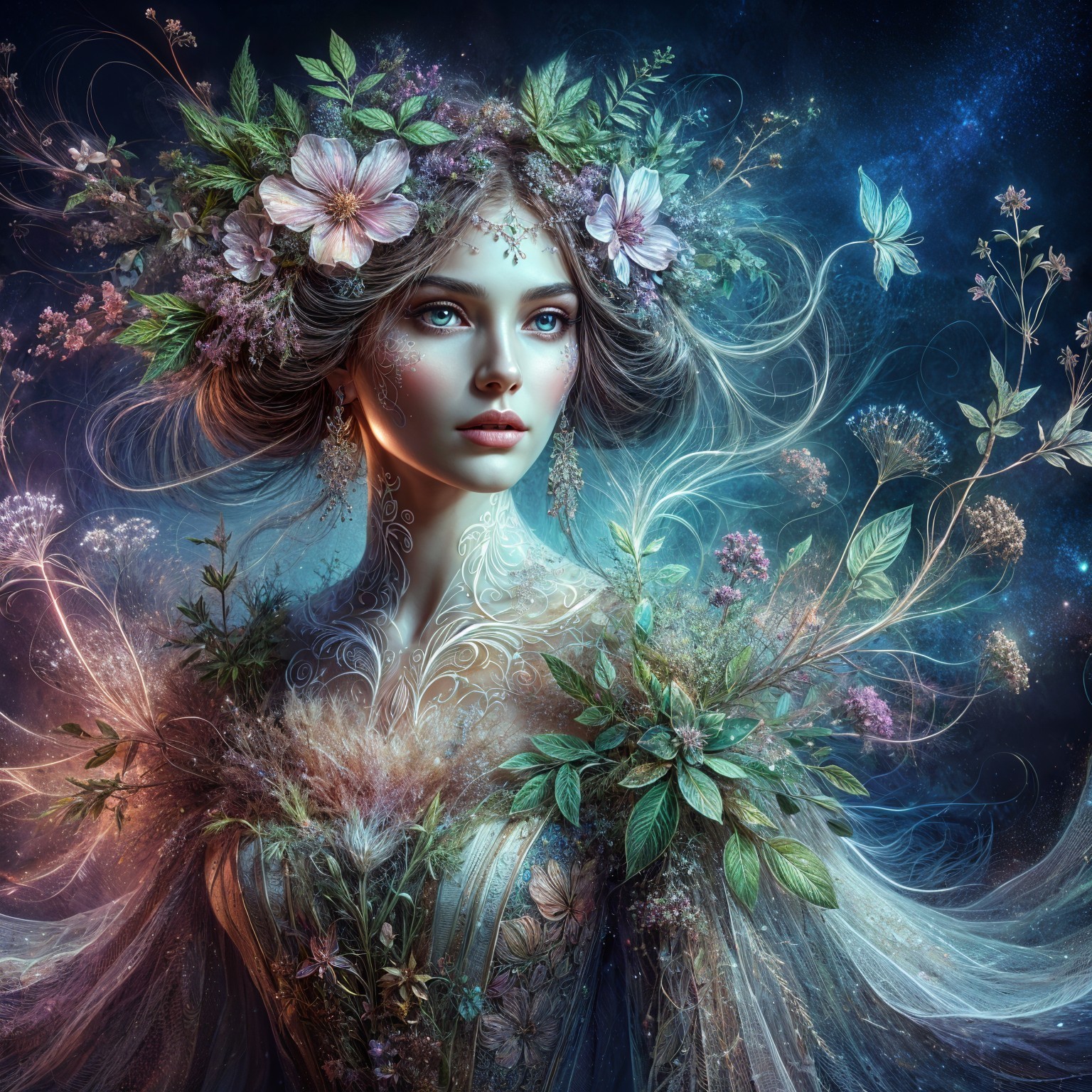Mystical Woman with Flower Crown in Cosmic Setting