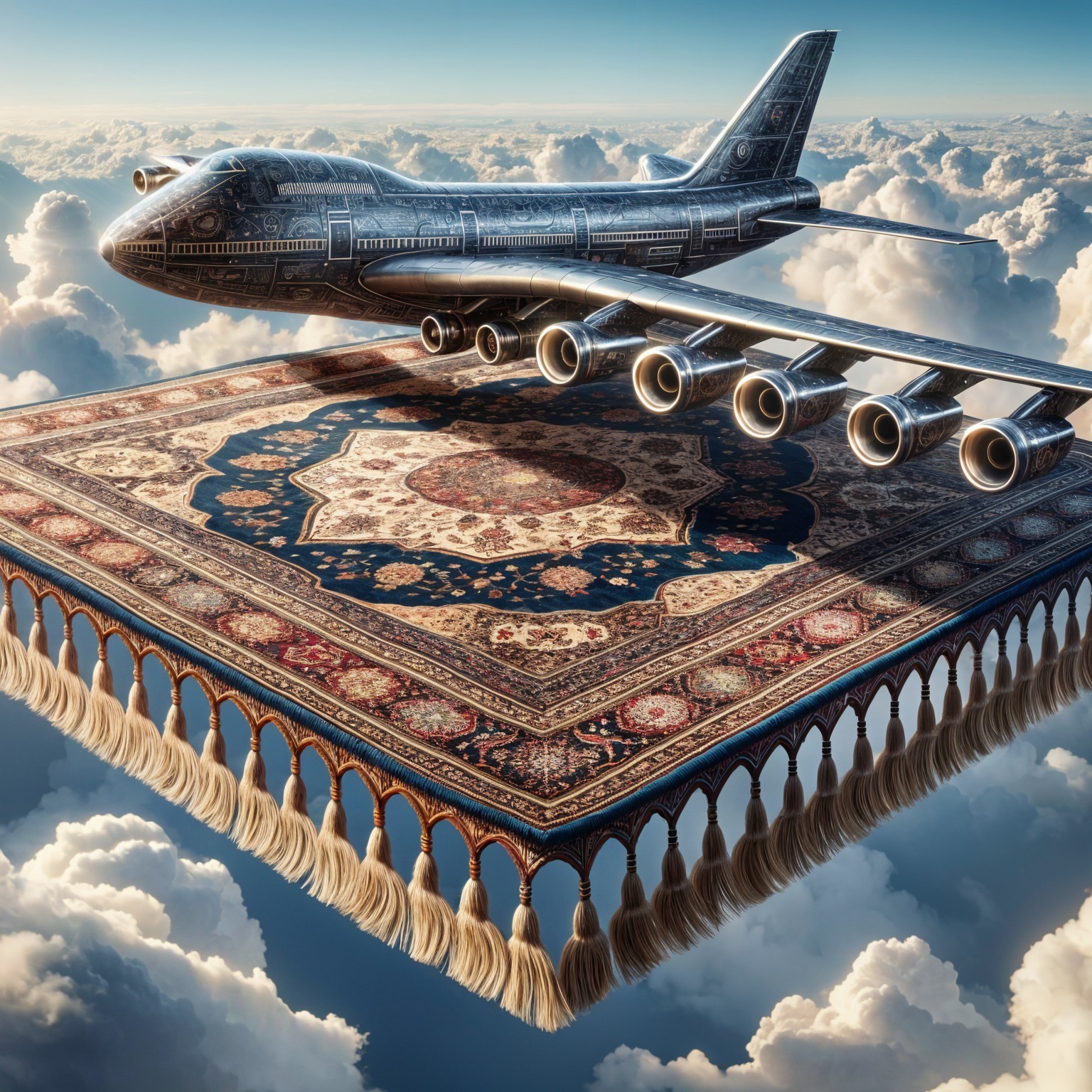 Airplane and Persian Rug in Surreal Sky Scene