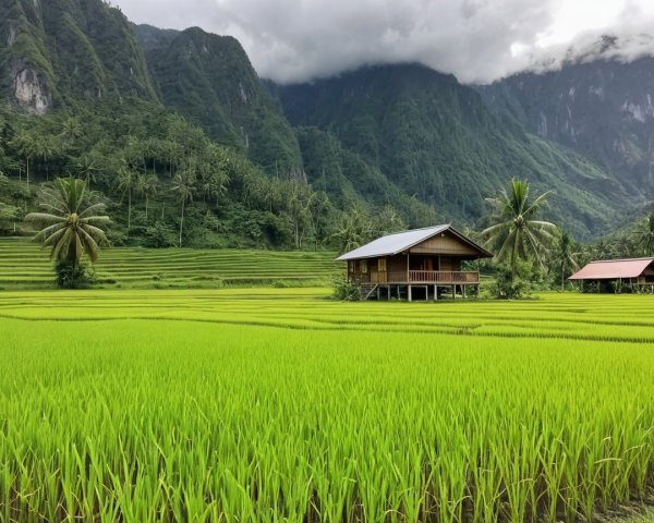 Lush Rice Terraces and Wooden House in Serene Landscape