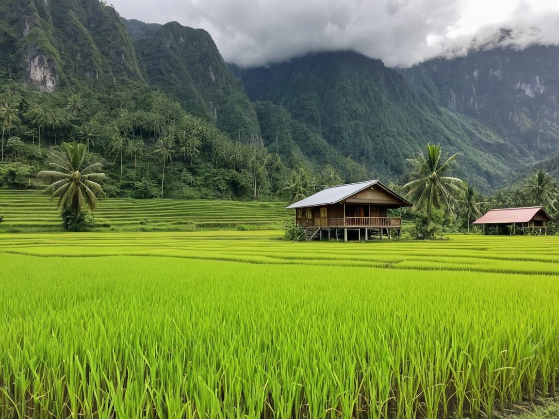 Lush Rice Terraces and Wooden House in Serene Landscape