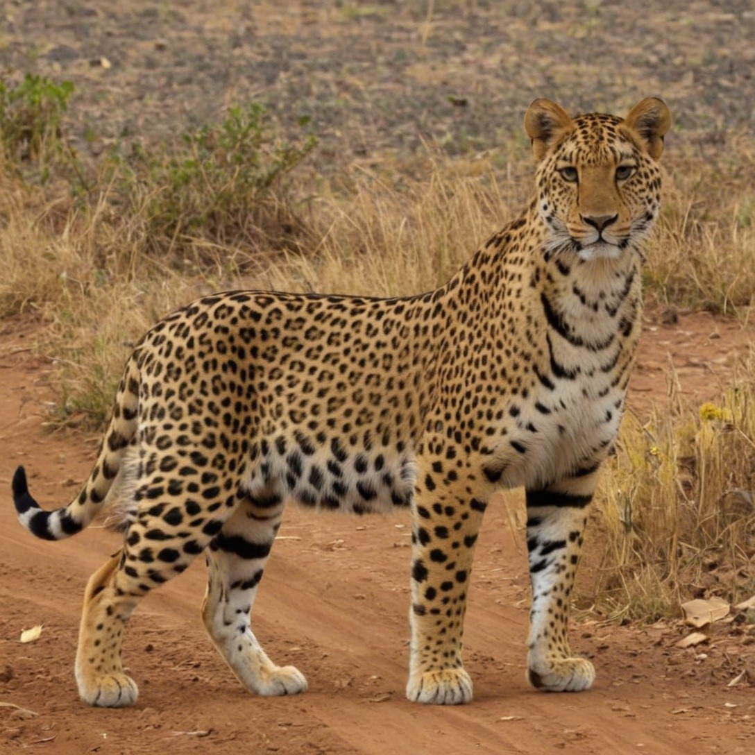 Leopard with Tawny Fur on Dirt Path Surrounded by Grass